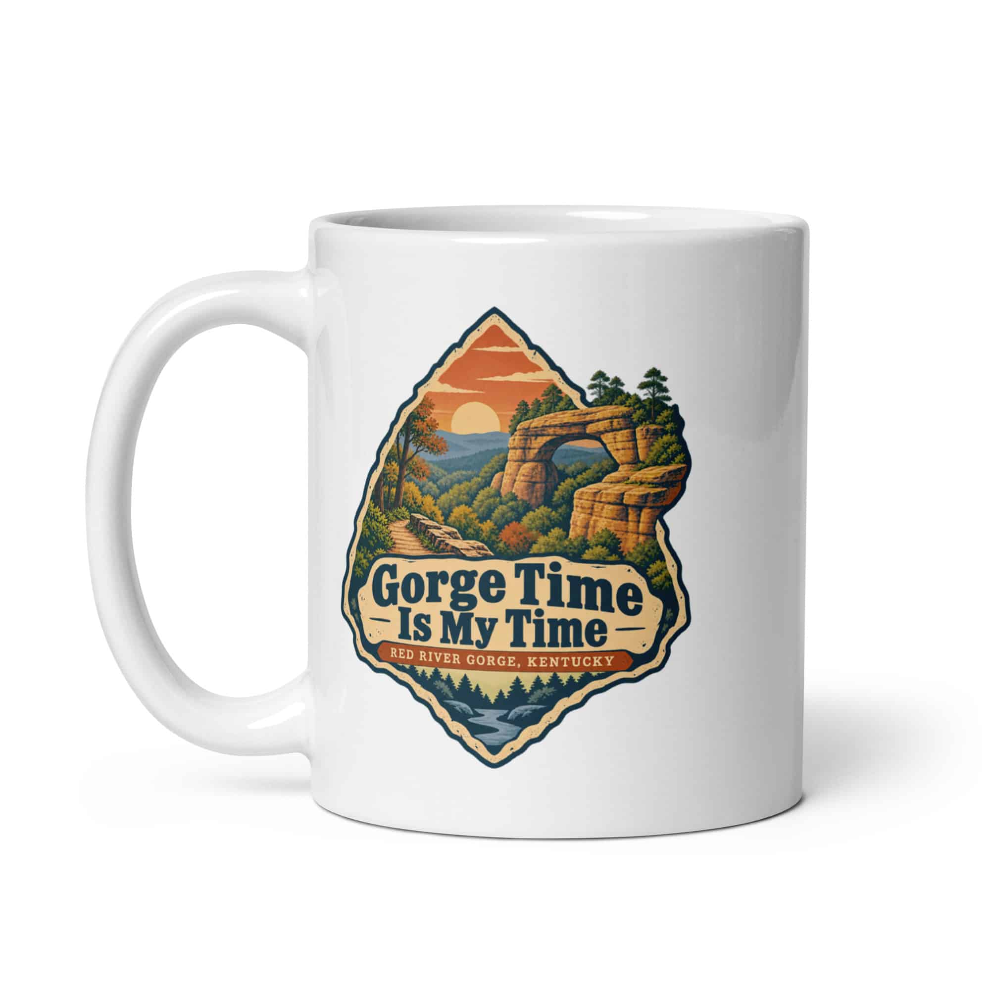 Red River Gorge White Ceramic Coffee Mug: Gorge Time Is My Time, Scenic Shield Badge