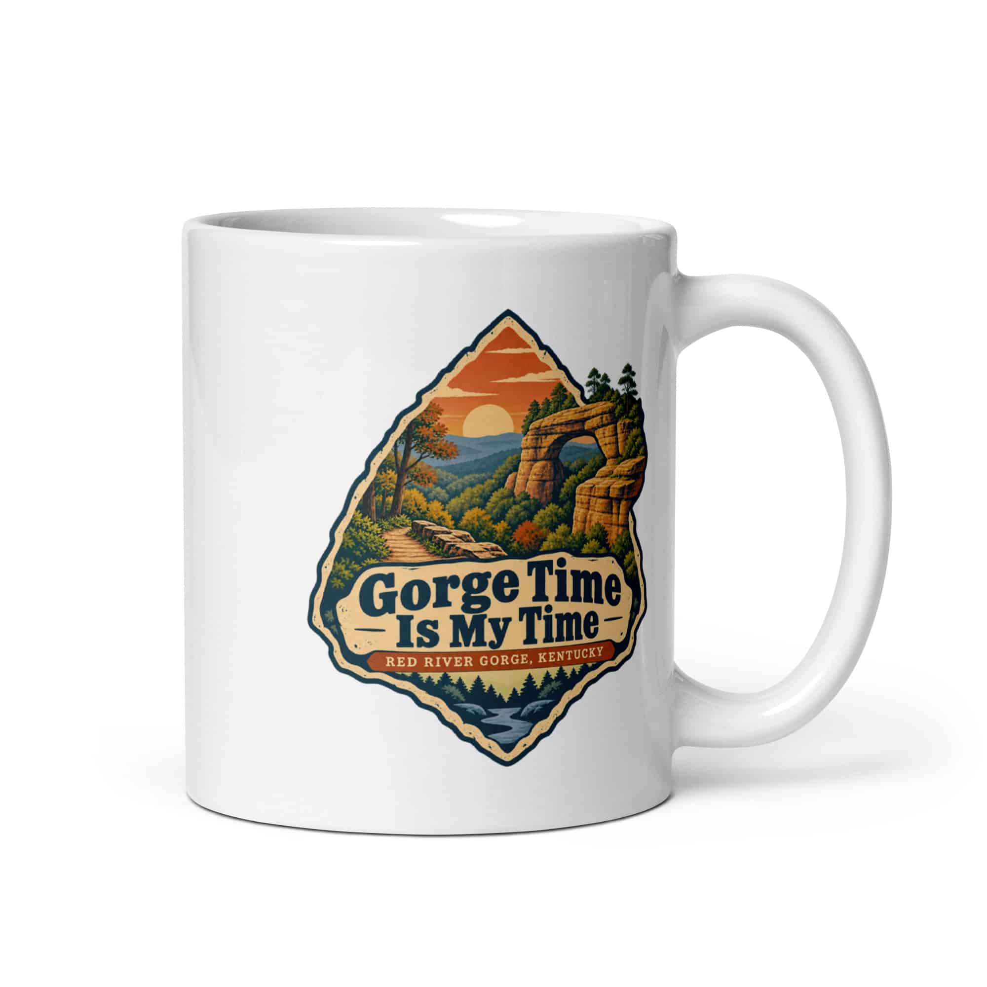 Red River Gorge White Ceramic Coffee Mug: Gorge Time Is My Time, Scenic Shield Badge