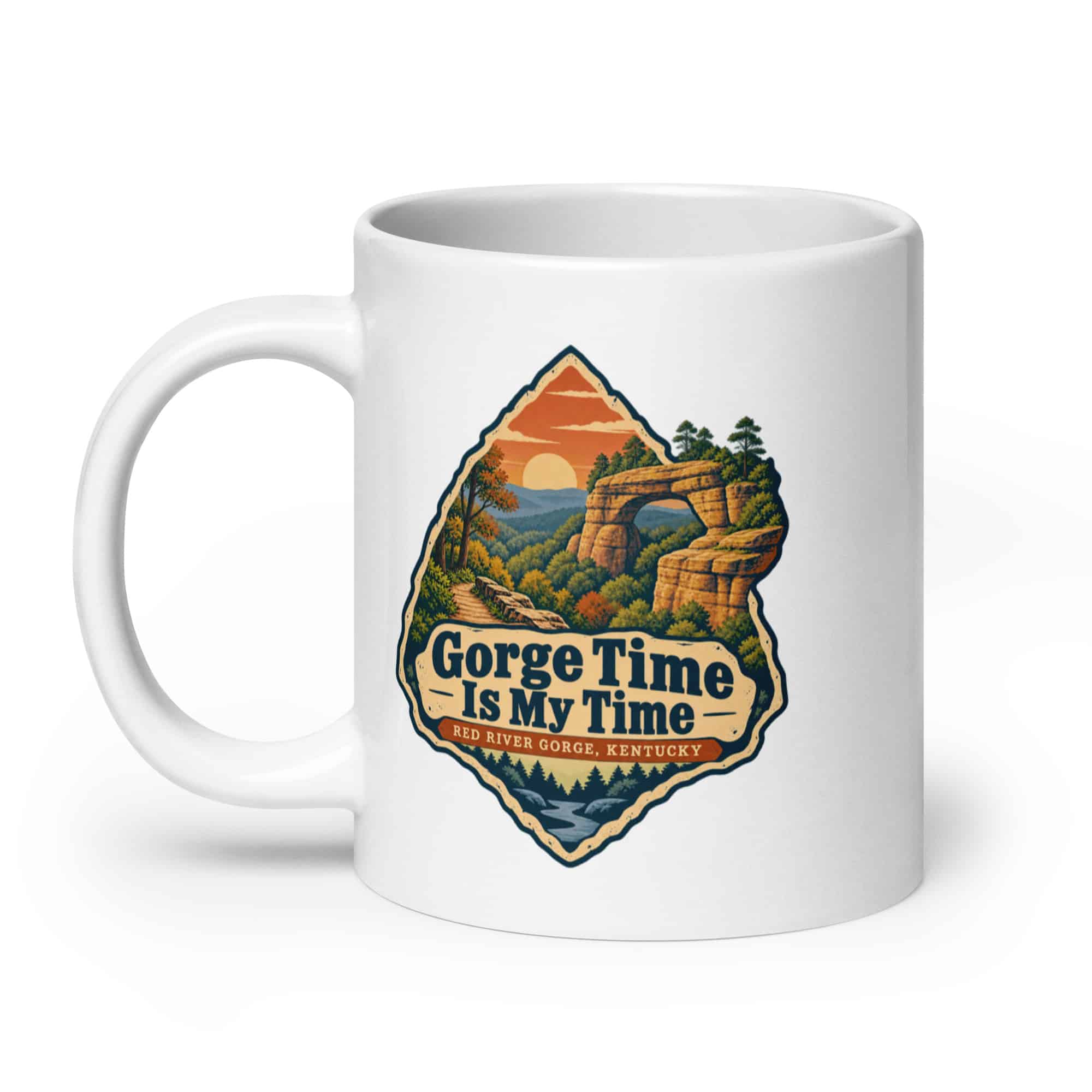 Red River Gorge White Ceramic Coffee Mug: Gorge Time Is My Time, Scenic Shield Badge