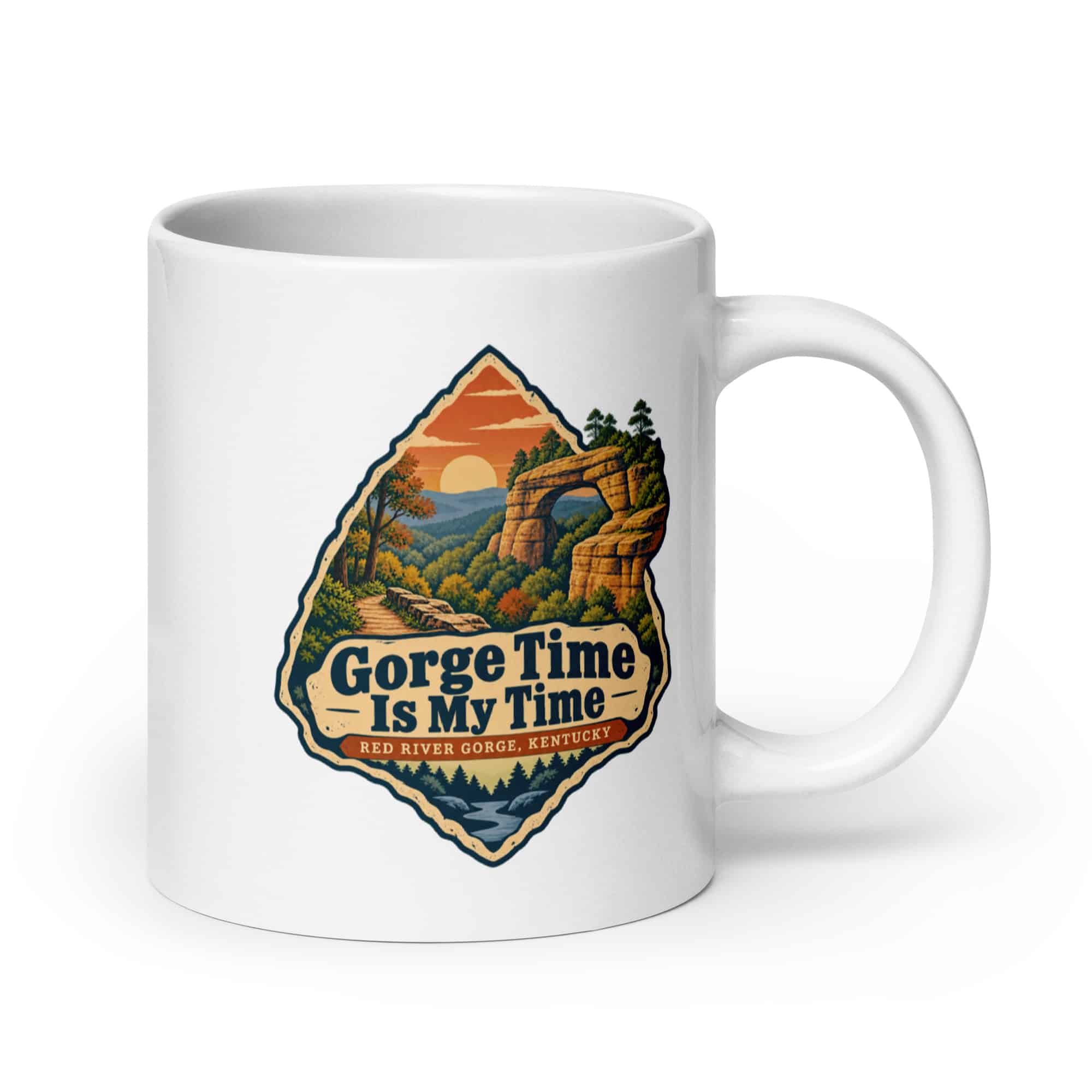 Red River Gorge White Ceramic Coffee Mug: Gorge Time Is My Time, Scenic Shield Badge