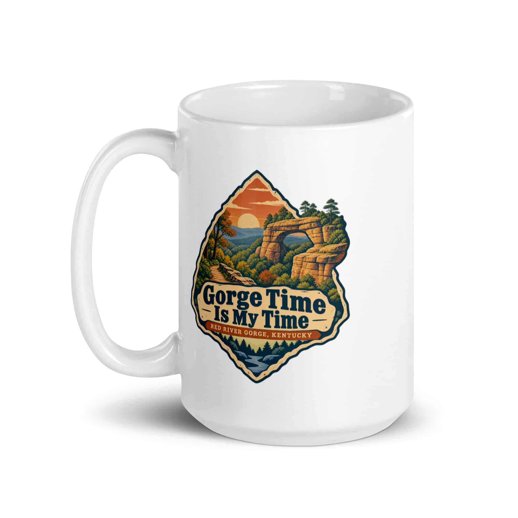 Red River Gorge White Ceramic Coffee Mug: Gorge Time Is My Time, Scenic Shield Badge