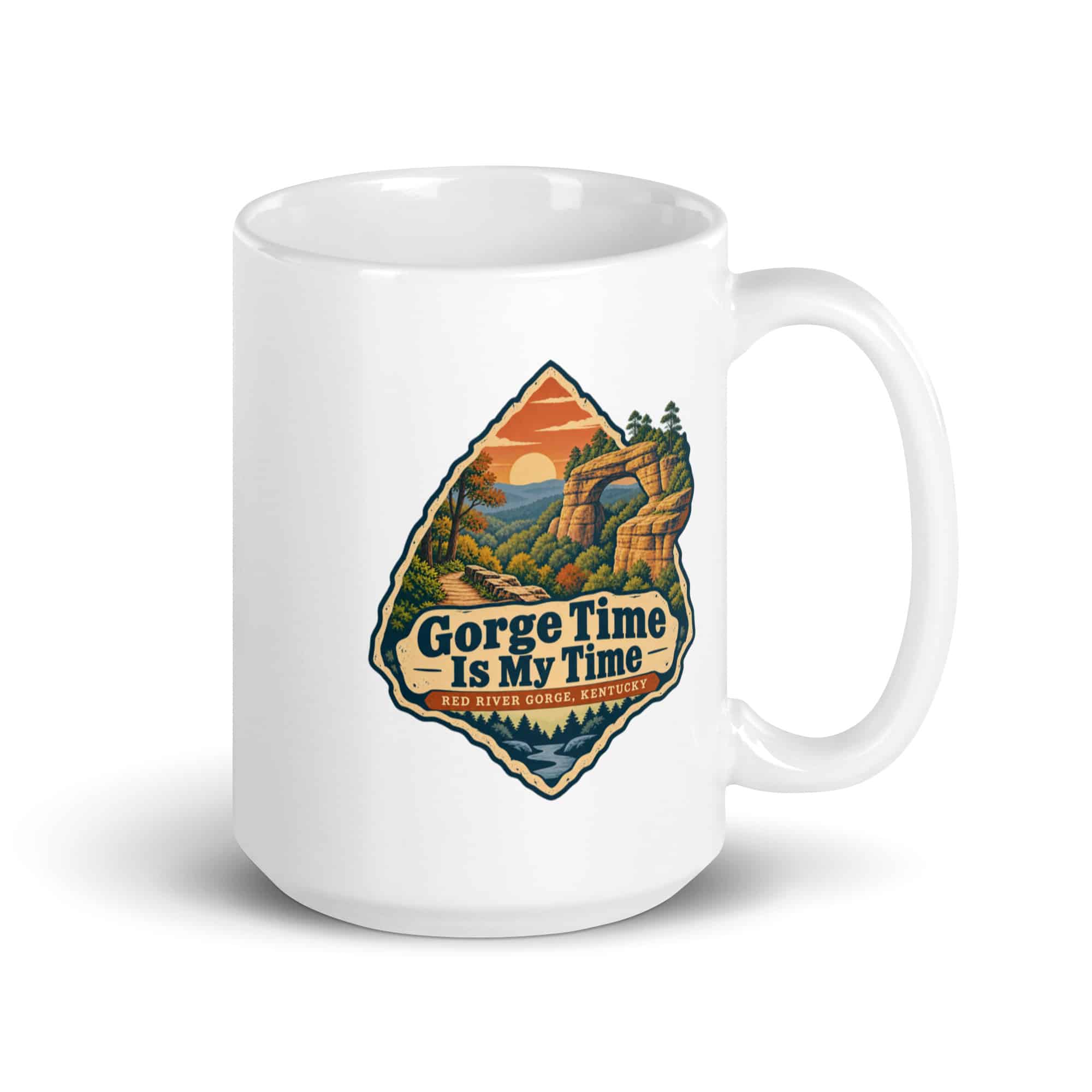 Red River Gorge White Ceramic Coffee Mug: Gorge Time Is My Time, Scenic Shield Badge