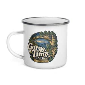 Red River Gorge Enamel Camp Mug: Gorge Time Is My Time, Woodland Scenic Lettering - 12 oz - Left