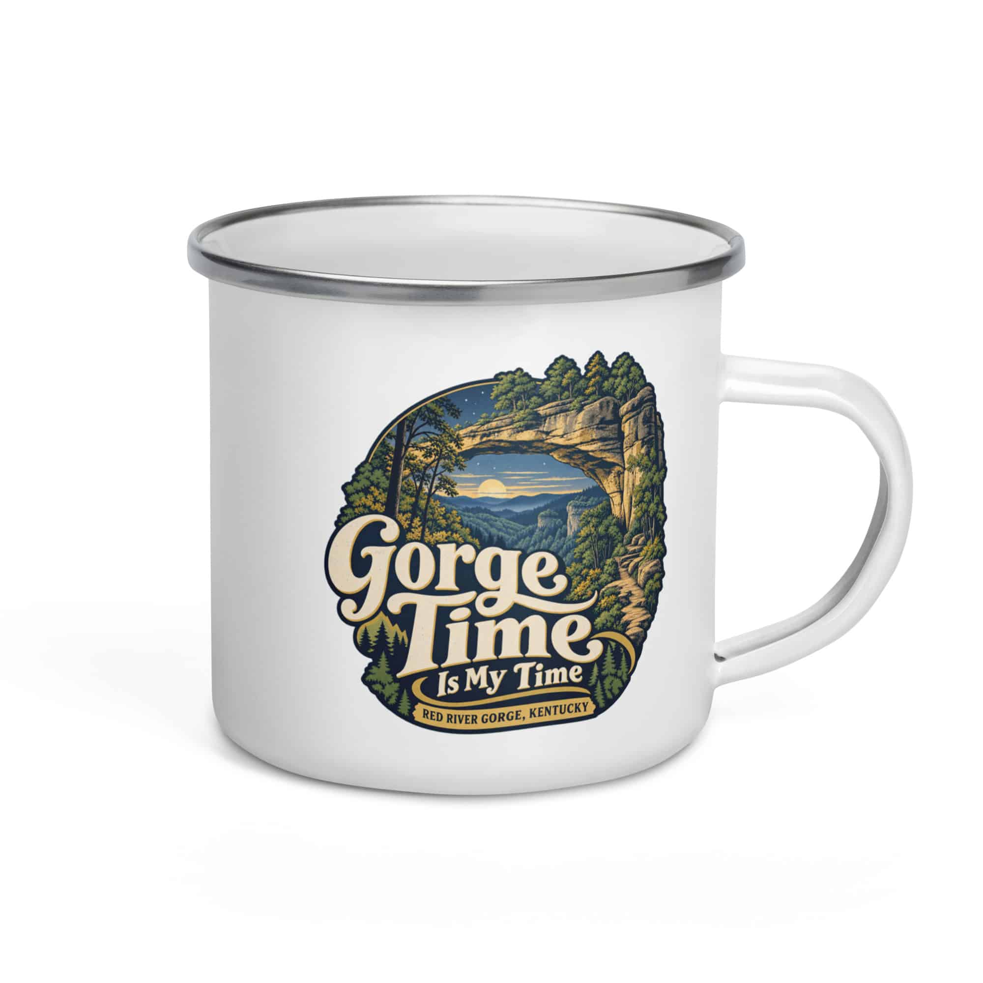 Red River Gorge Enamel Camp Mug: Gorge Time Is My Time, Woodland Scenic Lettering