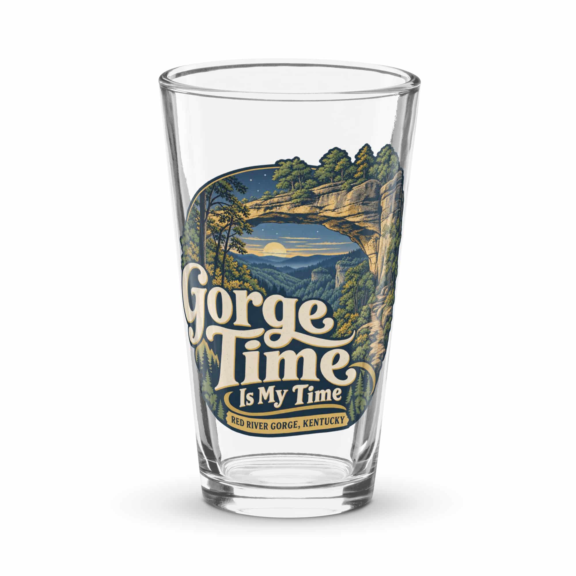 Red River Gorge Pint Glass: Gorge Time Is My Time, Woodland Scenic Lettering