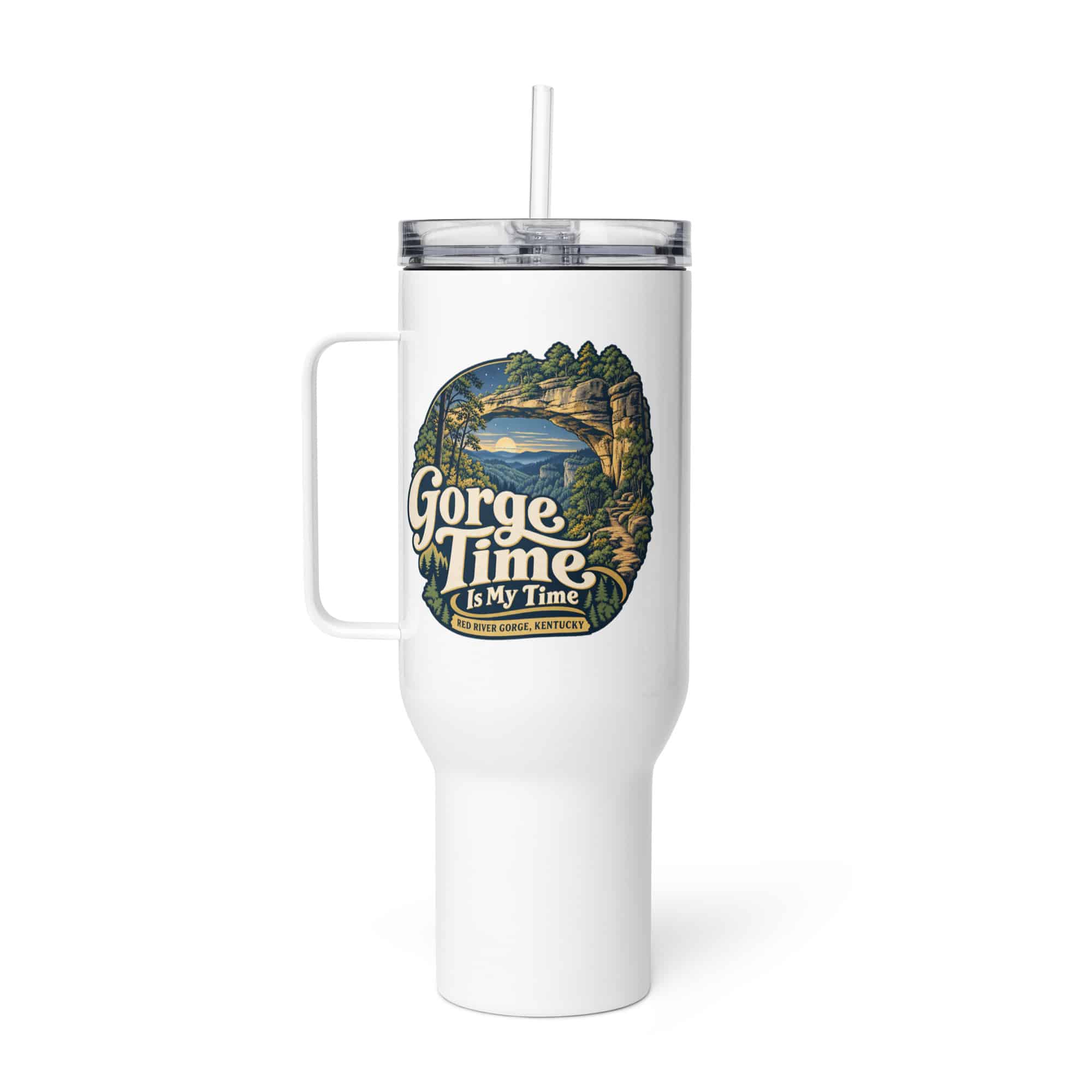Red River Gorge Travel Mug: Gorge Time Is My Time, Woodland Scenic Lettering