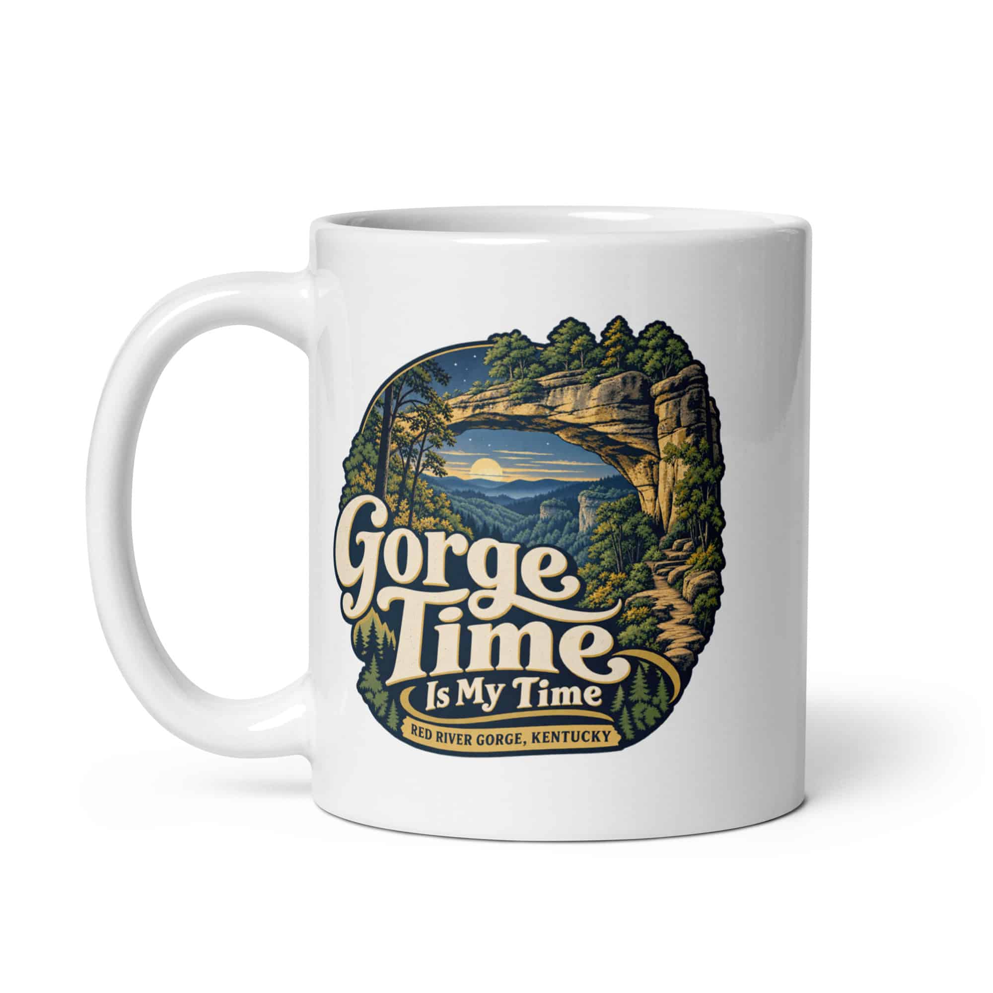 Red River Gorge White Ceramic Coffee Mug: Gorge Time Is My Time, Woodland Scenic Lettering
