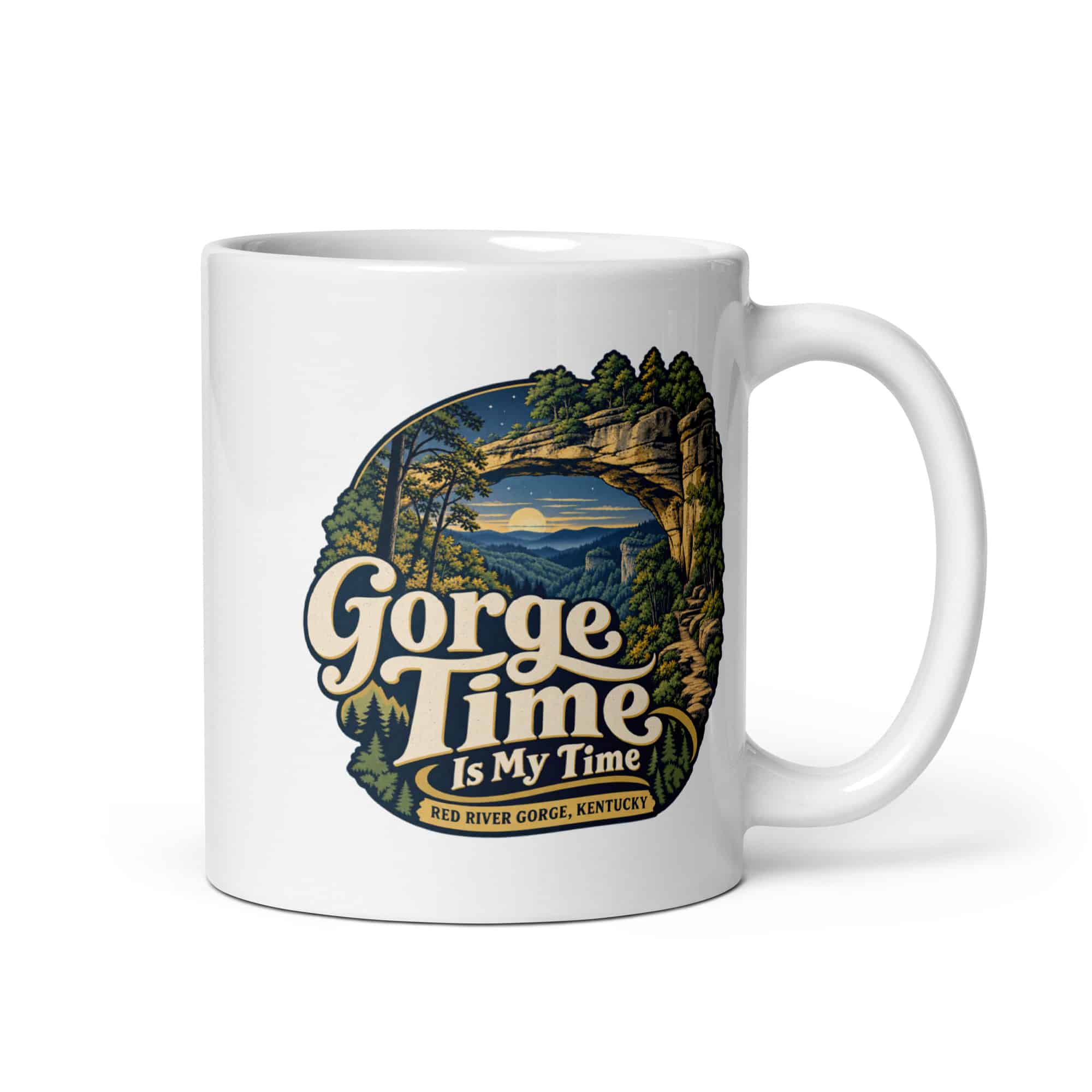 Red River Gorge White Ceramic Coffee Mug: Gorge Time Is My Time, Woodland Scenic Lettering