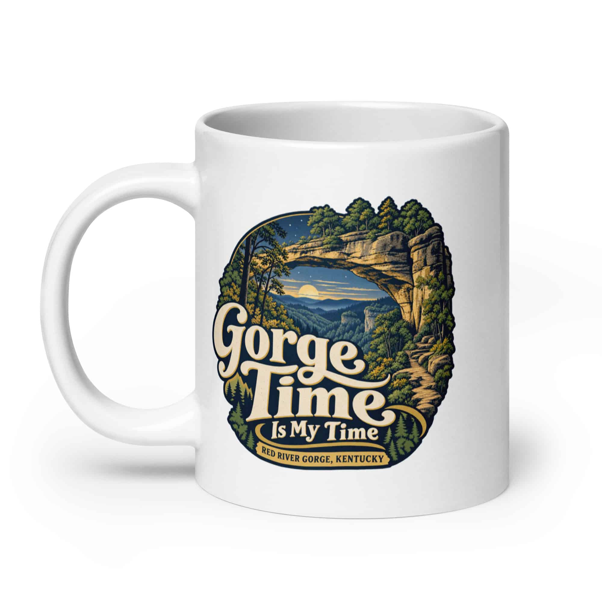 Red River Gorge White Ceramic Coffee Mug: Gorge Time Is My Time, Woodland Scenic Lettering