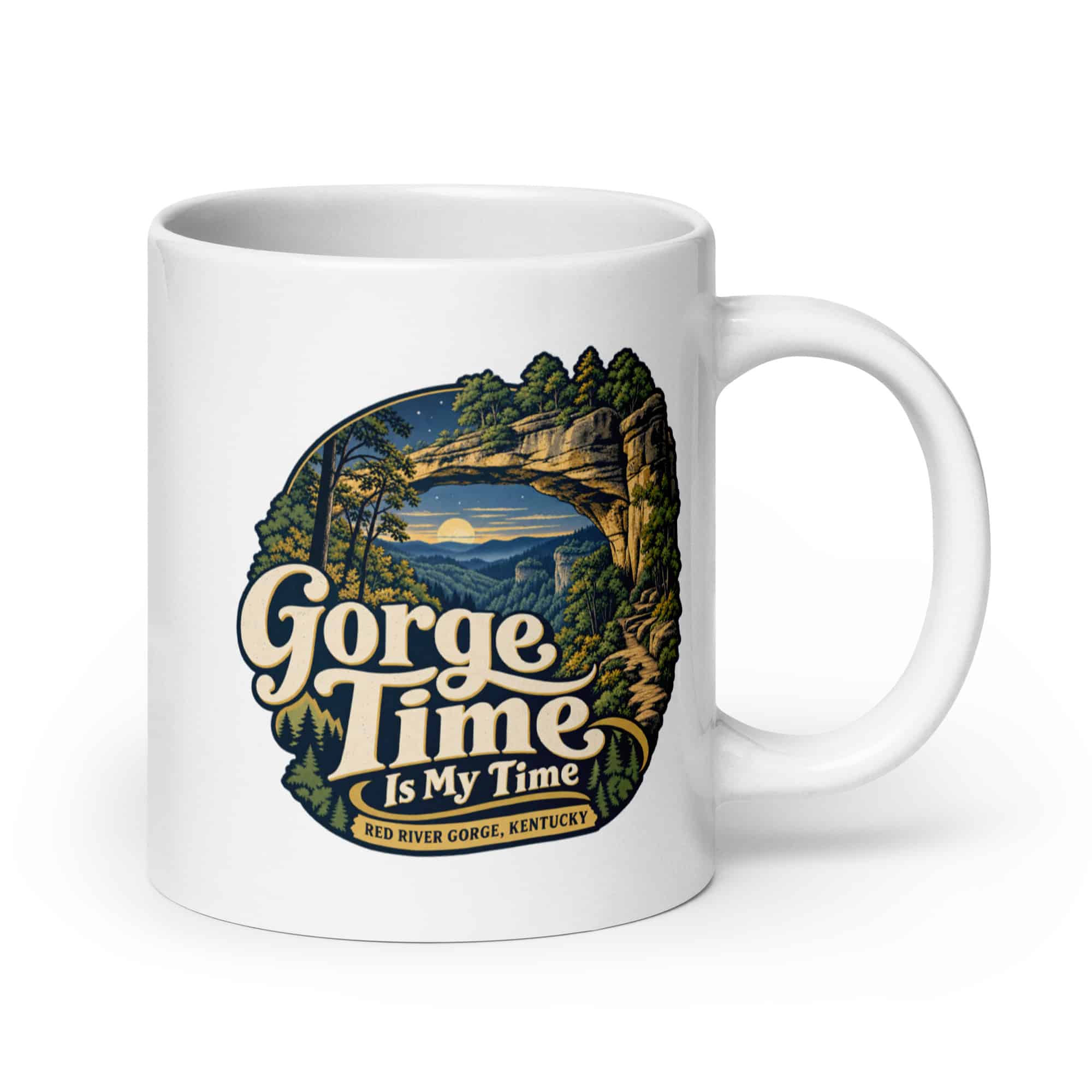 Red River Gorge White Ceramic Coffee Mug: Gorge Time Is My Time, Woodland Scenic Lettering
