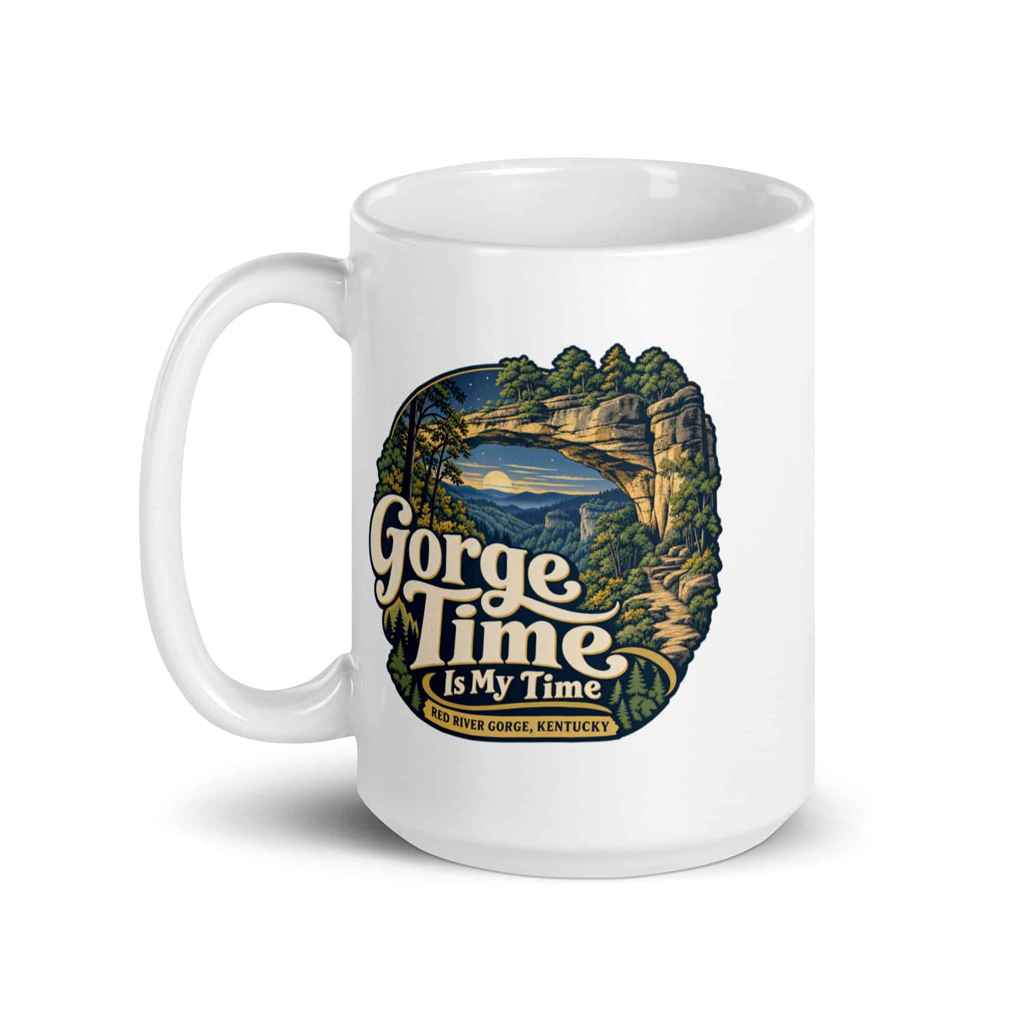 Red River Gorge White Ceramic Coffee Mug: Gorge Time Is My Time, Woodland Scenic Lettering