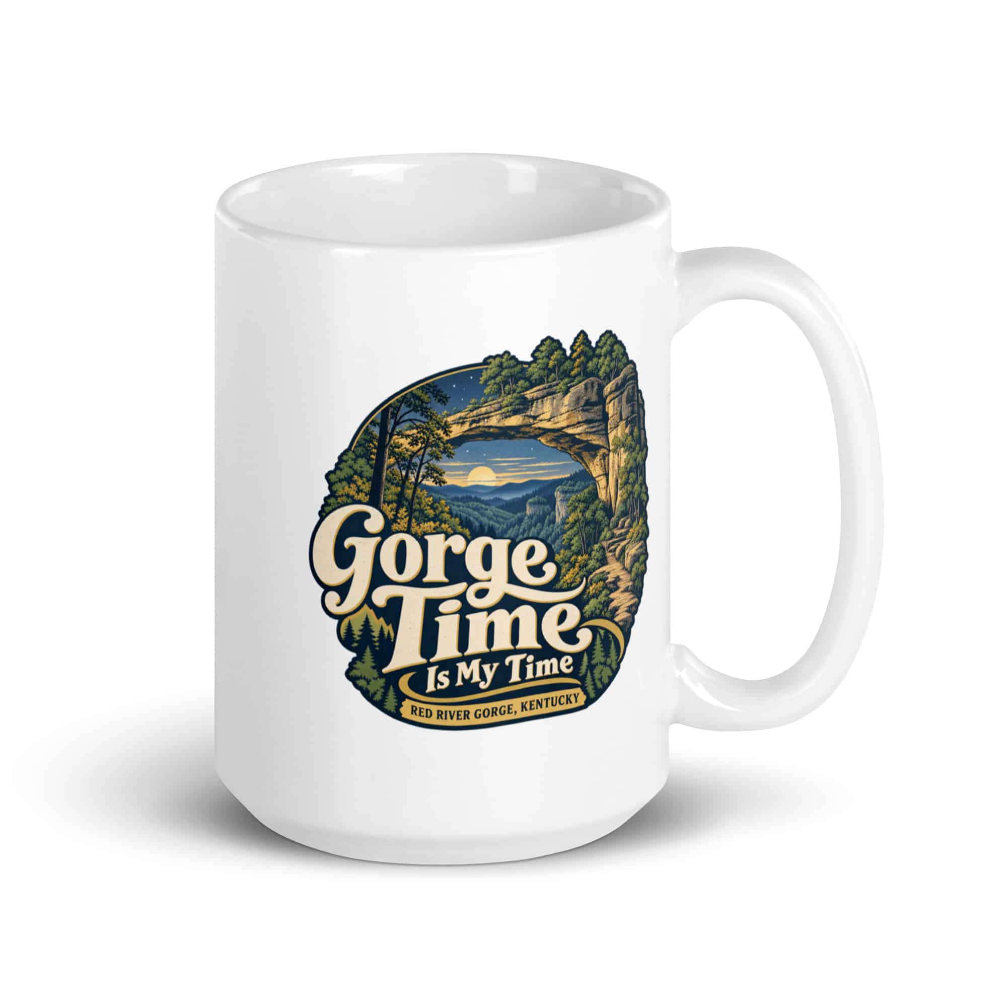 Red River Gorge White Ceramic Coffee Mug: Gorge Time Is My Time, Woodland Scenic Lettering