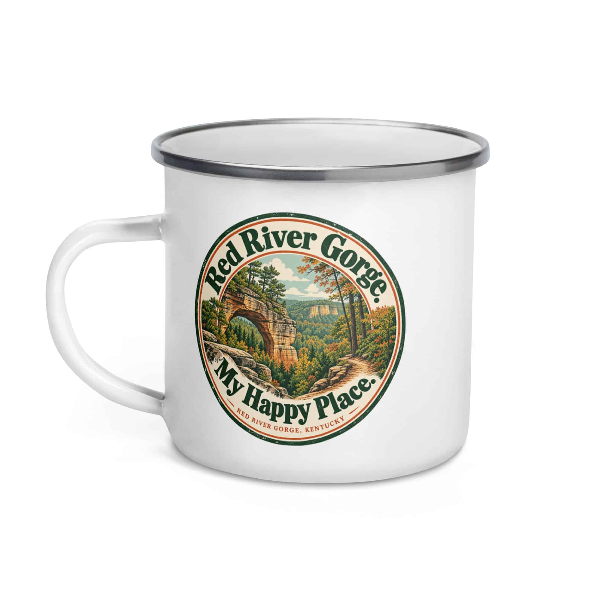 Red River Gorge Enamel Camp Mug: Red River Gorge. My Happy Place, Vintage Round Badge