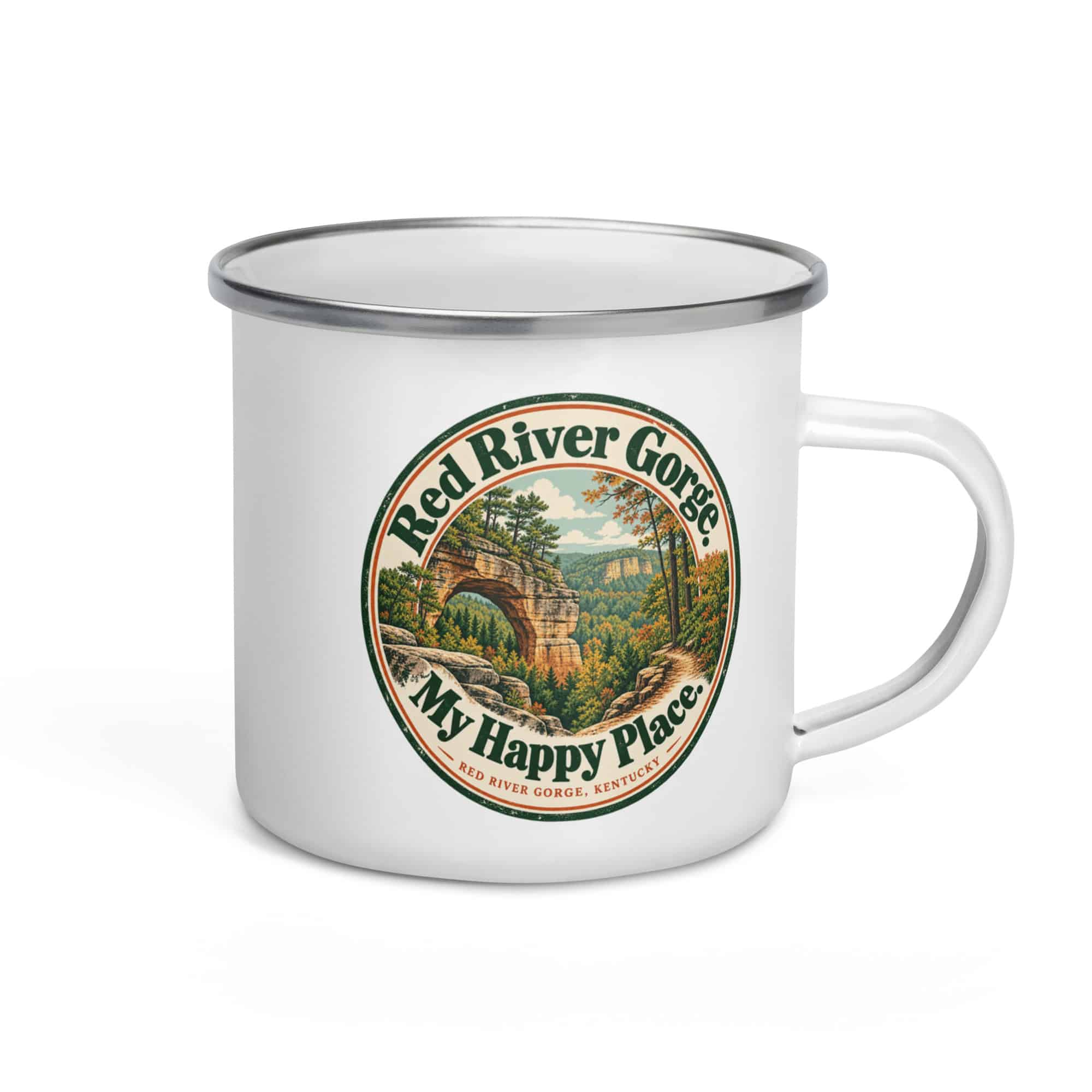 Red River Gorge Enamel Camp Mug: Red River Gorge. My Happy Place, Vintage Round Badge