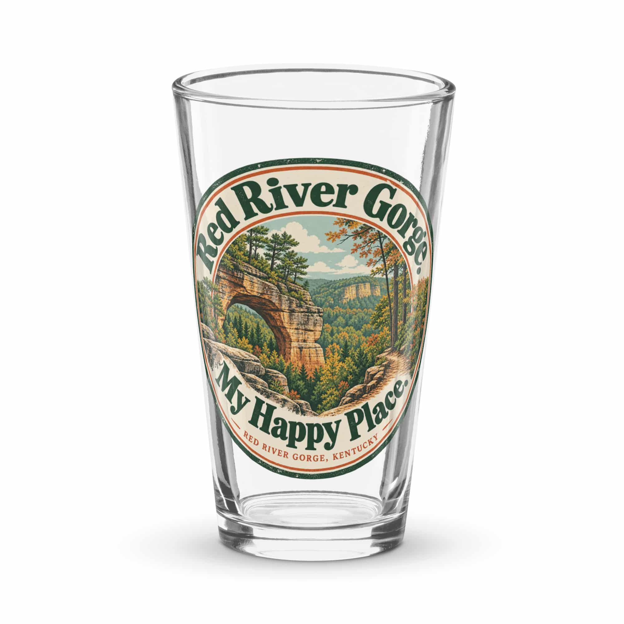 Red River Gorge Pint Glass: Red River Gorge. My Happy Place, Vintage Round Badge