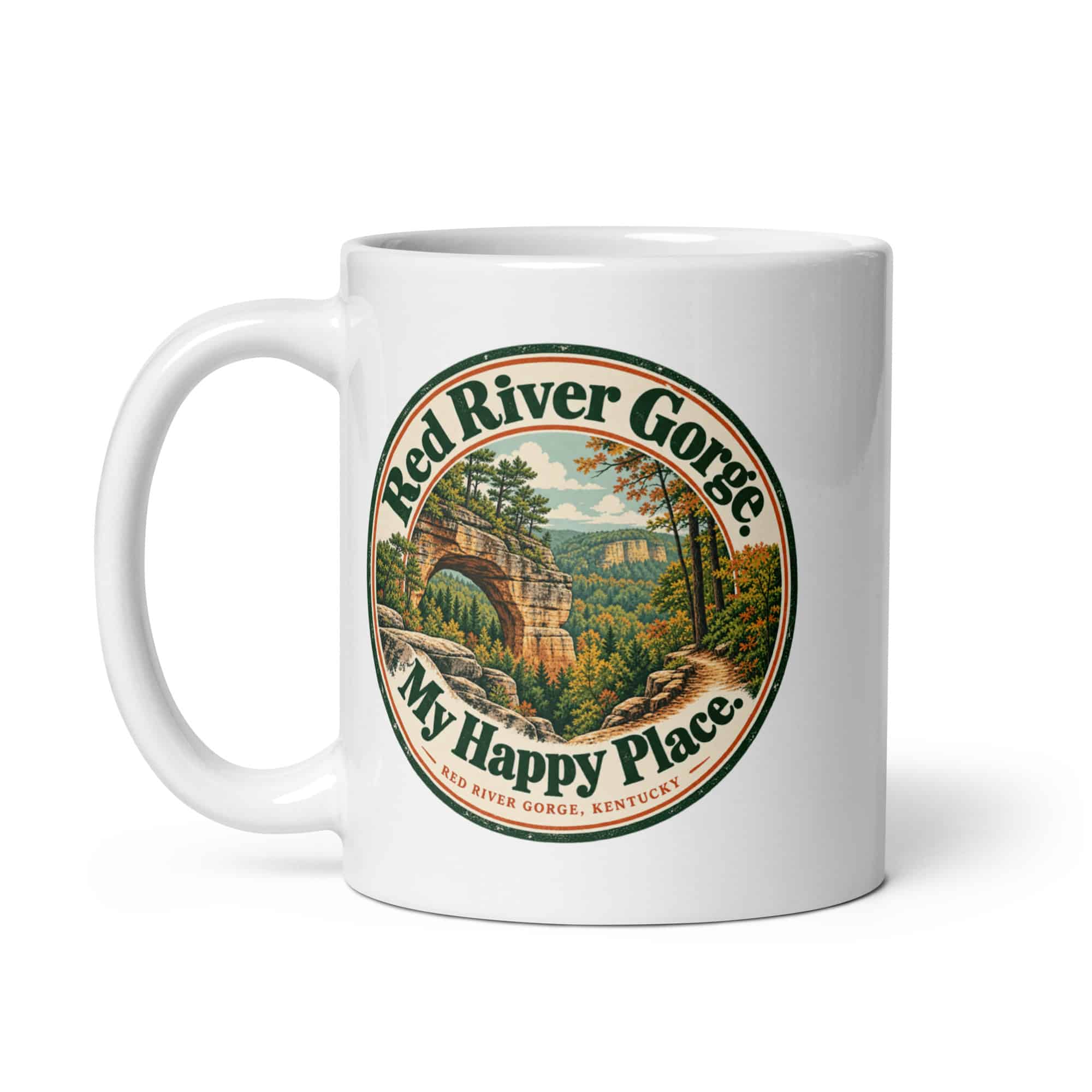 Red River Gorge White Ceramic Coffee Mug: Red River Gorge. My Happy Place, Vintage Round Badge
