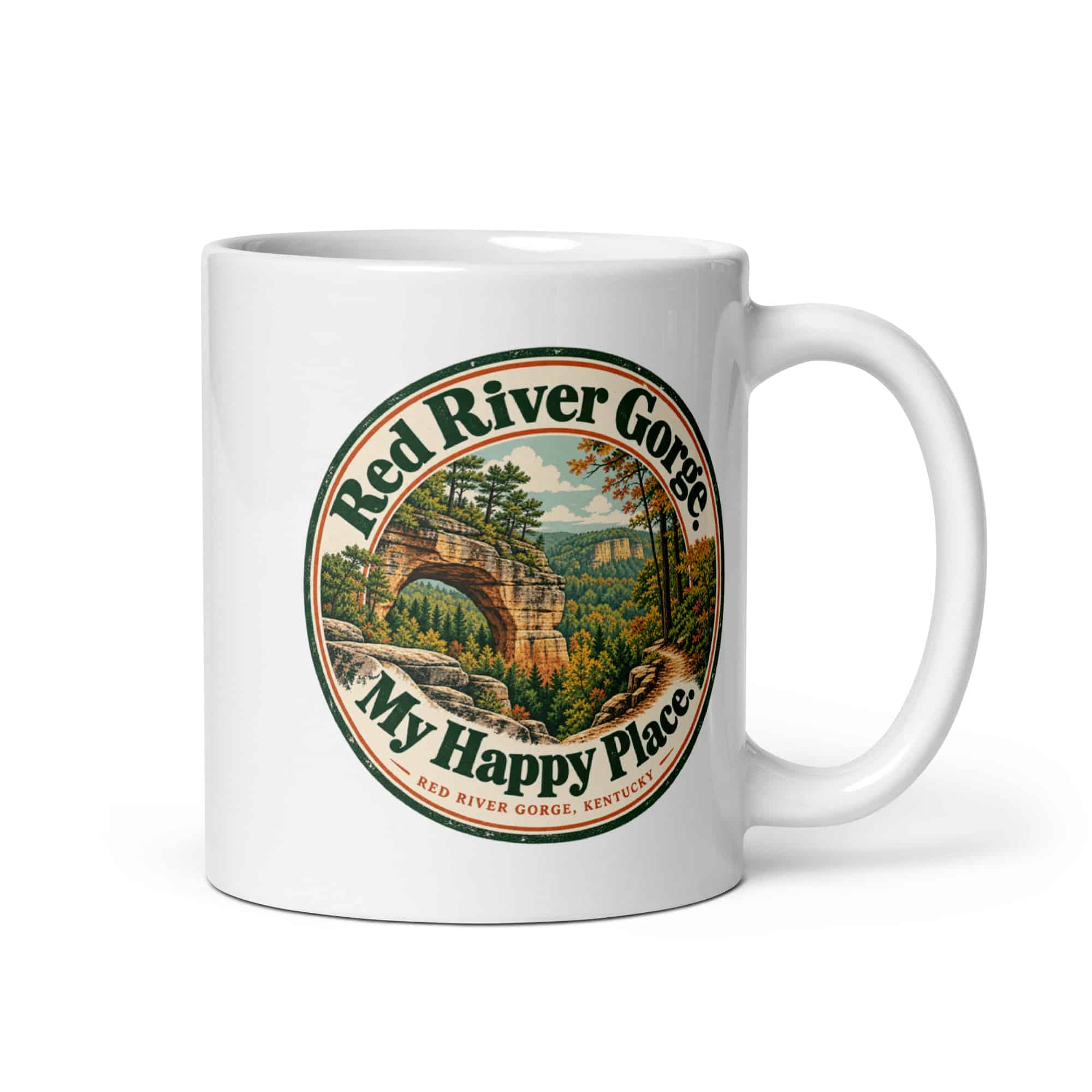 Red River Gorge White Ceramic Coffee Mug: Red River Gorge. My Happy Place, Vintage Round Badge