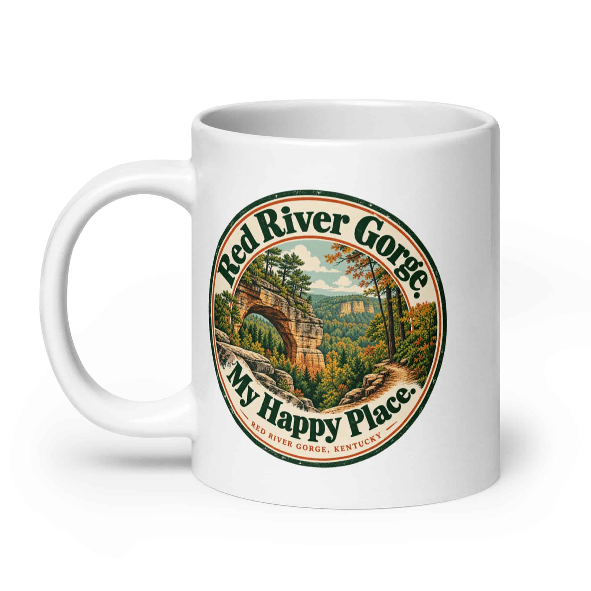 Red River Gorge White Ceramic Coffee Mug: Red River Gorge. My Happy Place, Vintage Round Badge