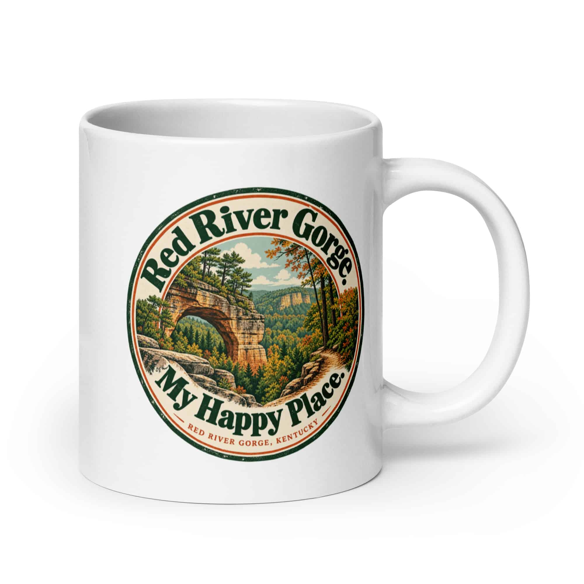 Red River Gorge White Ceramic Coffee Mug: Red River Gorge. My Happy Place, Vintage Round Badge