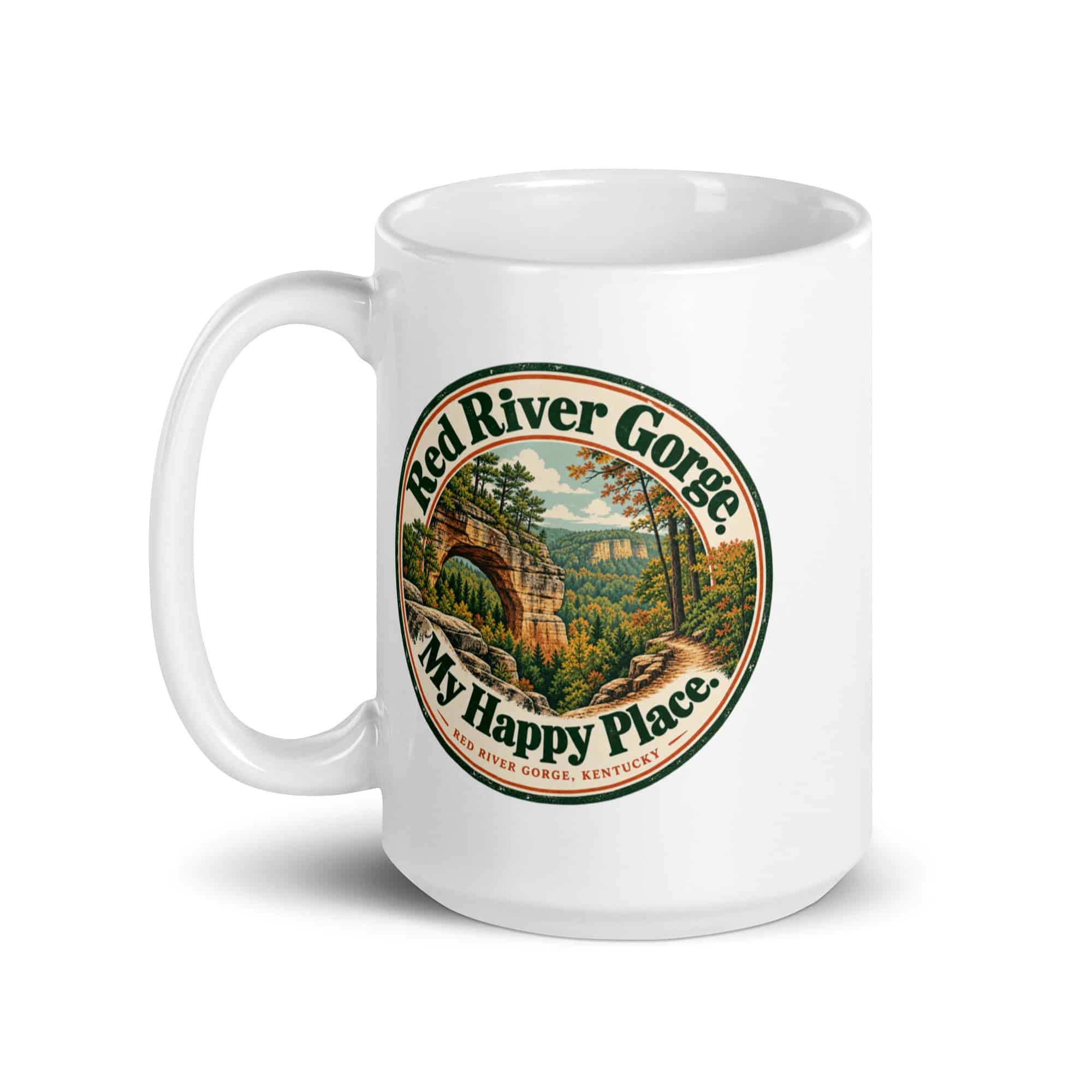 Red River Gorge White Ceramic Coffee Mug: Red River Gorge. My Happy Place, Vintage Round Badge