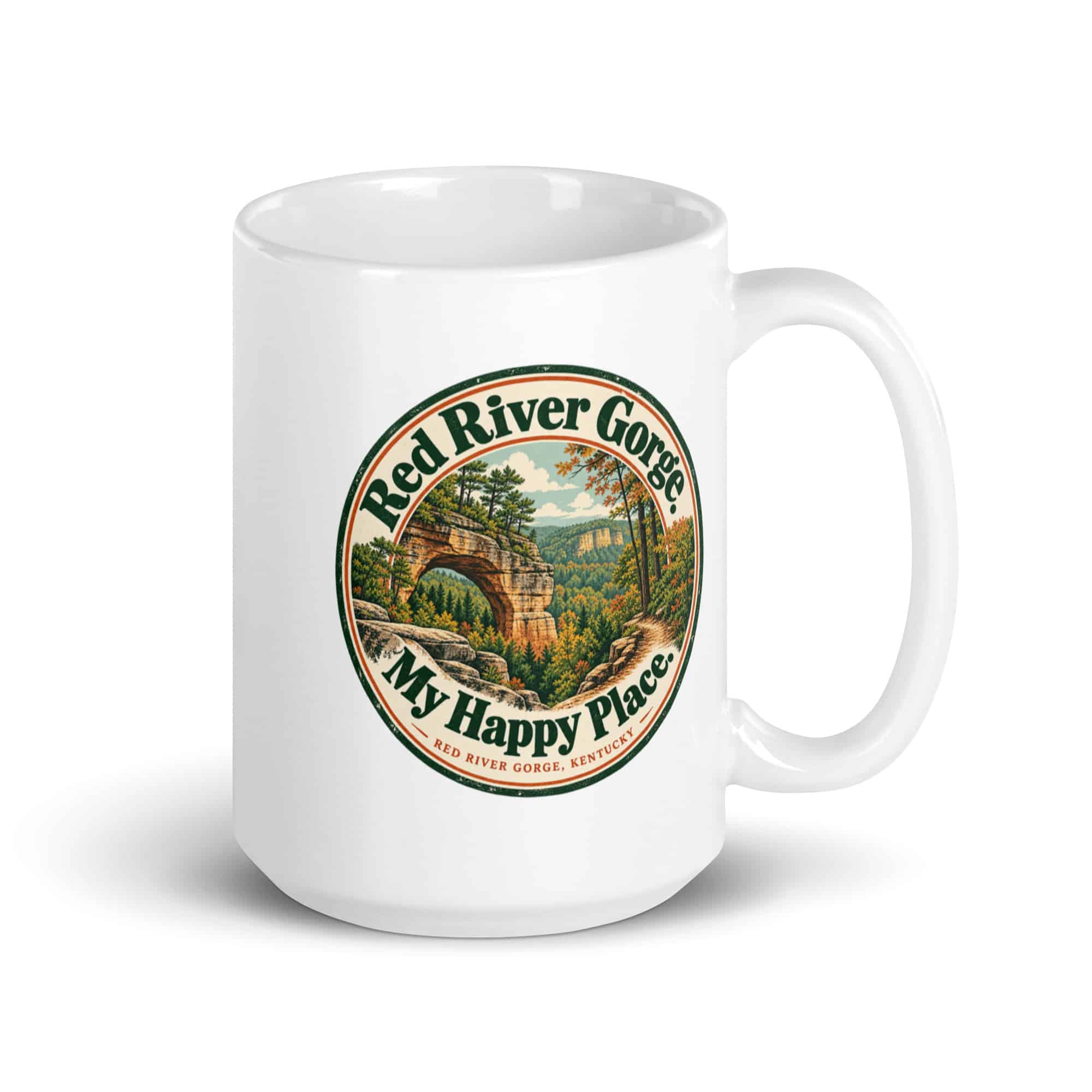Red River Gorge White Ceramic Coffee Mug: Red River Gorge. My Happy Place, Vintage Round Badge