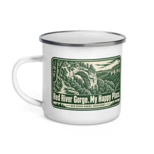Red River Gorge Enamel Camp Mug: Red River Gorge. My Happy Place, Forest Ink Stamp - 12 oz - Left