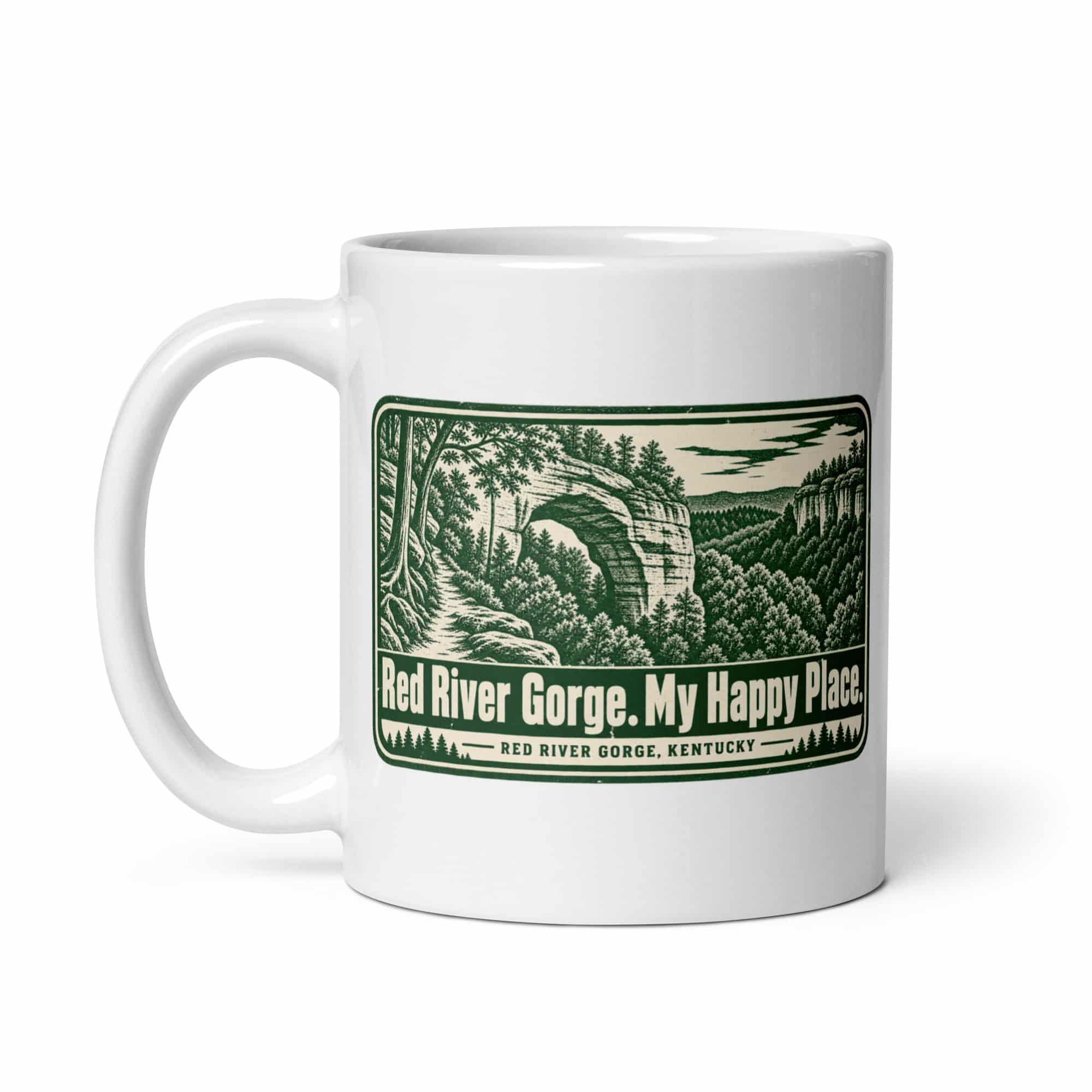 Red River Gorge White Ceramic Coffee Mug: Red River Gorge. My Happy Place, Forest Ink Stamp