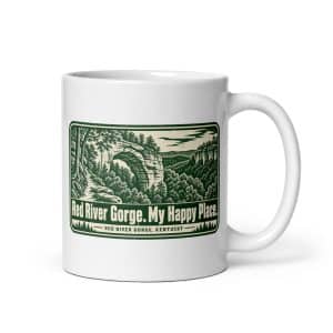 Red River Gorge White Ceramic Coffee Mug: Red River Gorge. My Happy Place, Forest Ink Stamp - 11 oz - Main