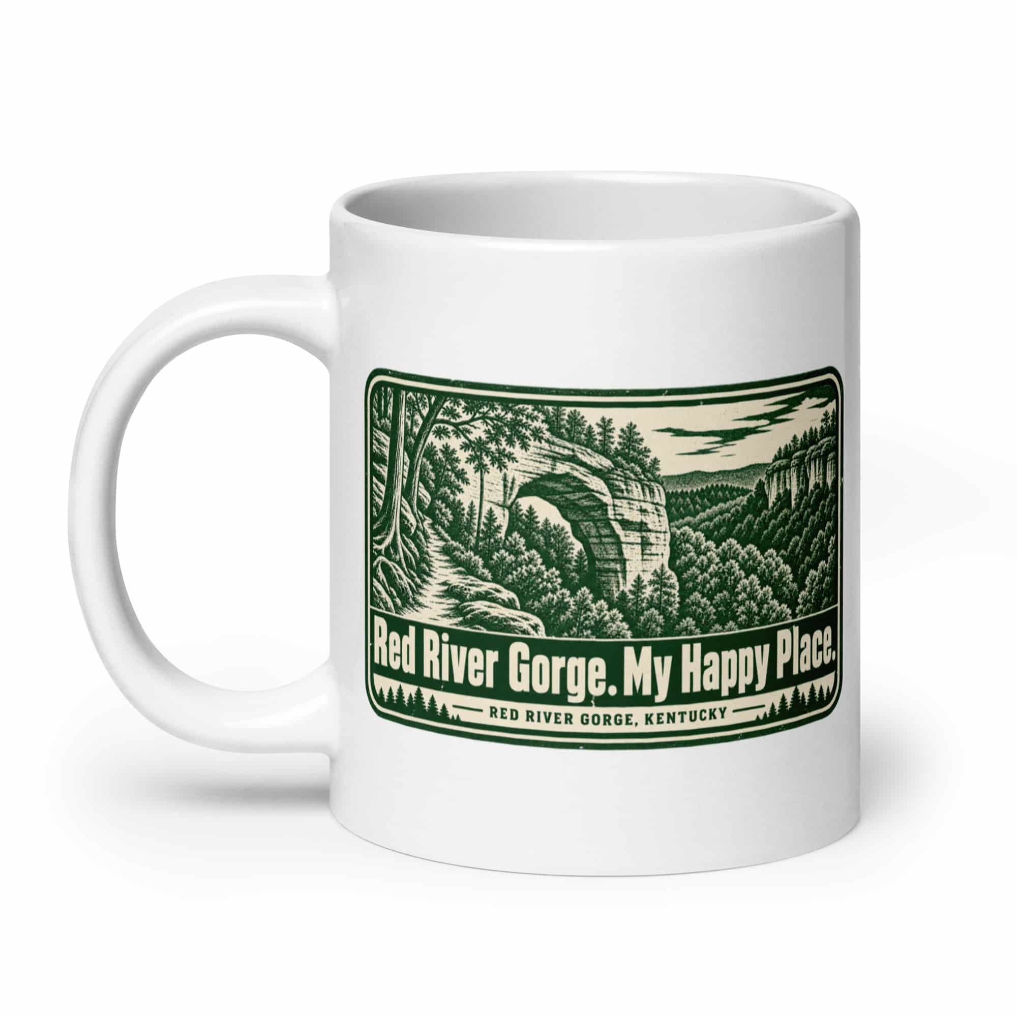 Red River Gorge White Ceramic Coffee Mug: Red River Gorge. My Happy Place, Forest Ink Stamp
