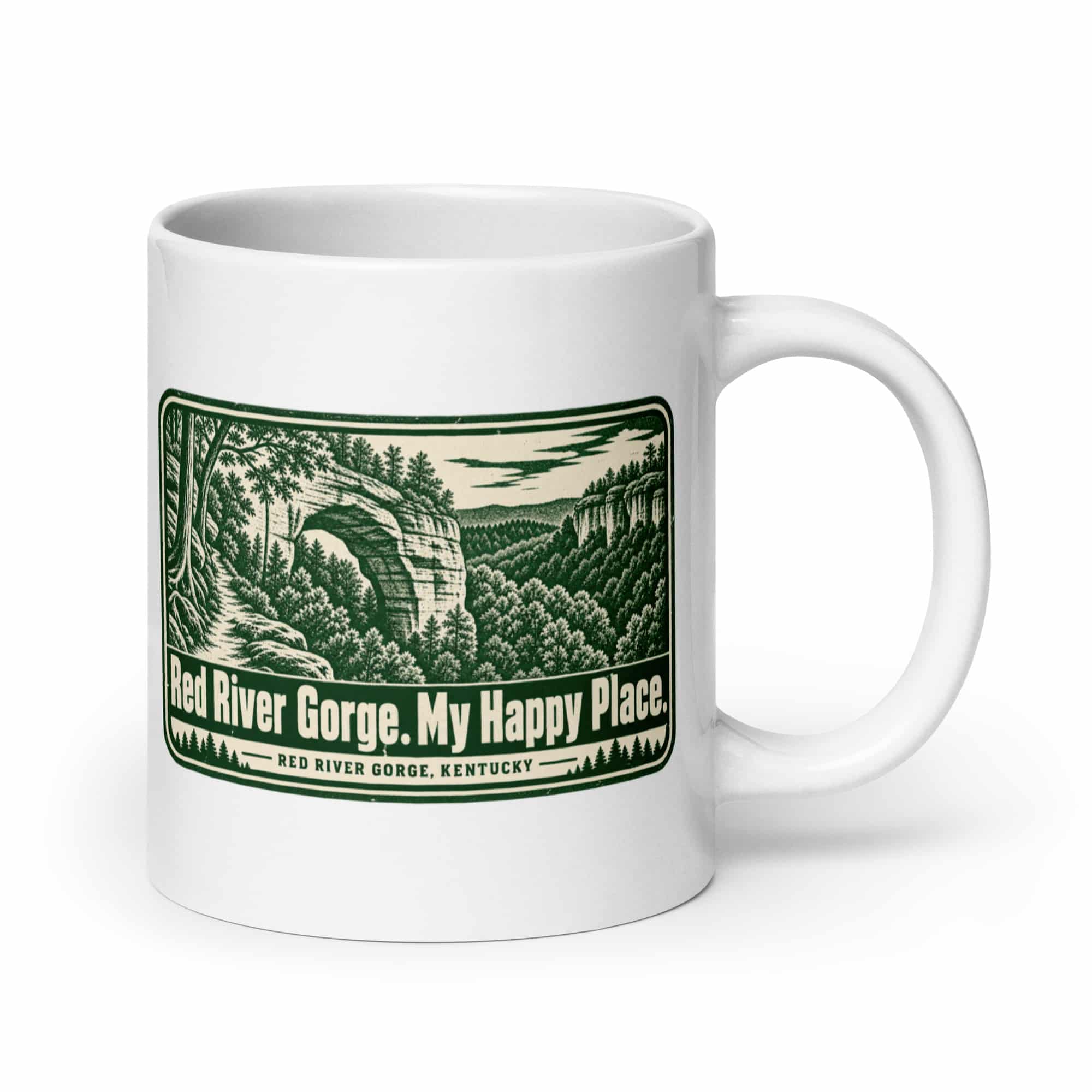 Red River Gorge White Ceramic Coffee Mug: Red River Gorge. My Happy Place, Forest Ink Stamp
