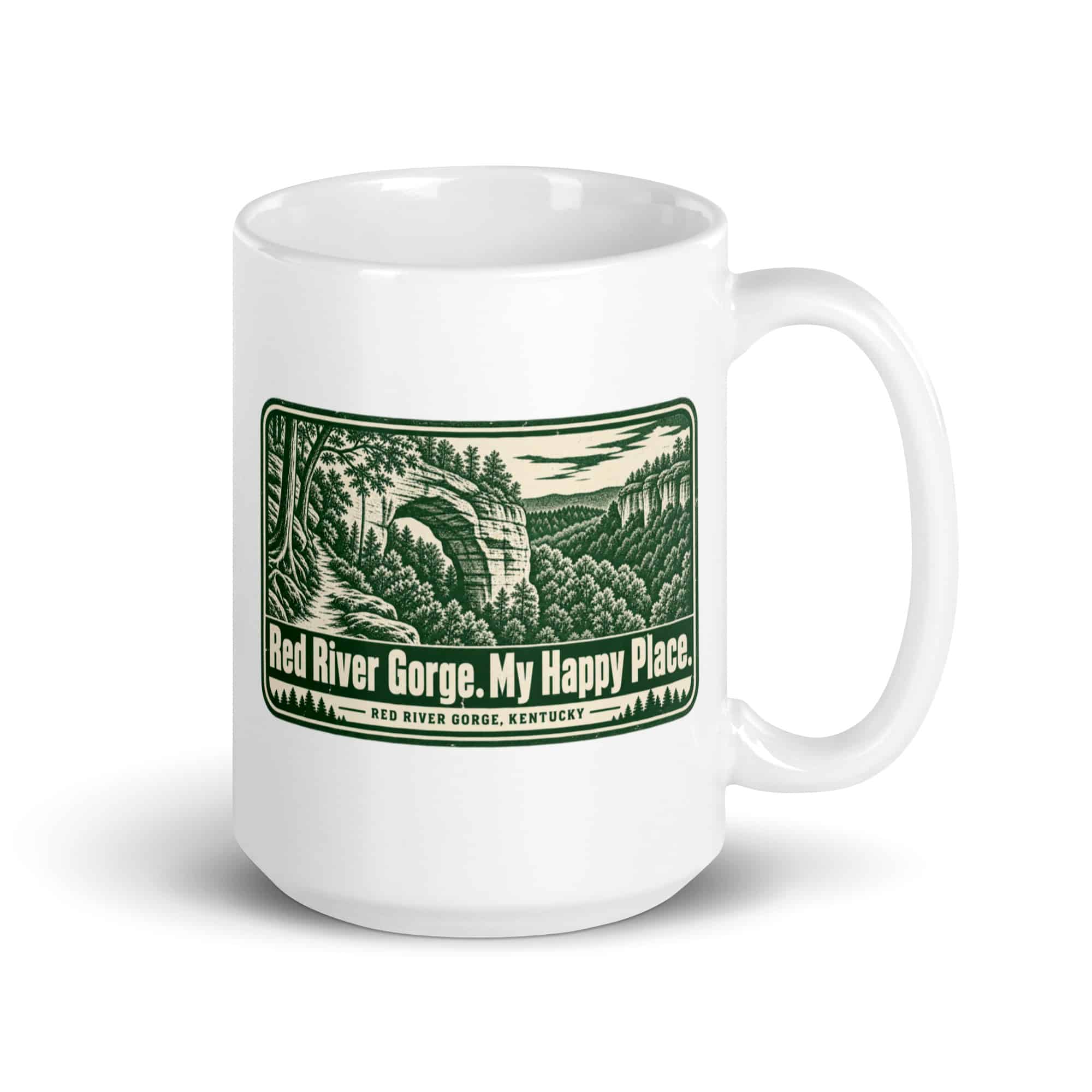 Red River Gorge White Ceramic Coffee Mug: Red River Gorge. My Happy Place, Forest Ink Stamp