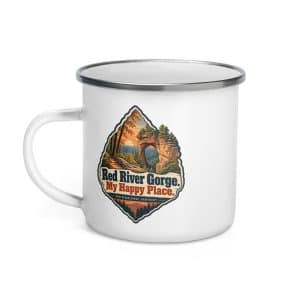 Red River Gorge Enamel Camp Mug: Red River Gorge. My Happy Place, Scenic Shield Badge - 12 oz - Left