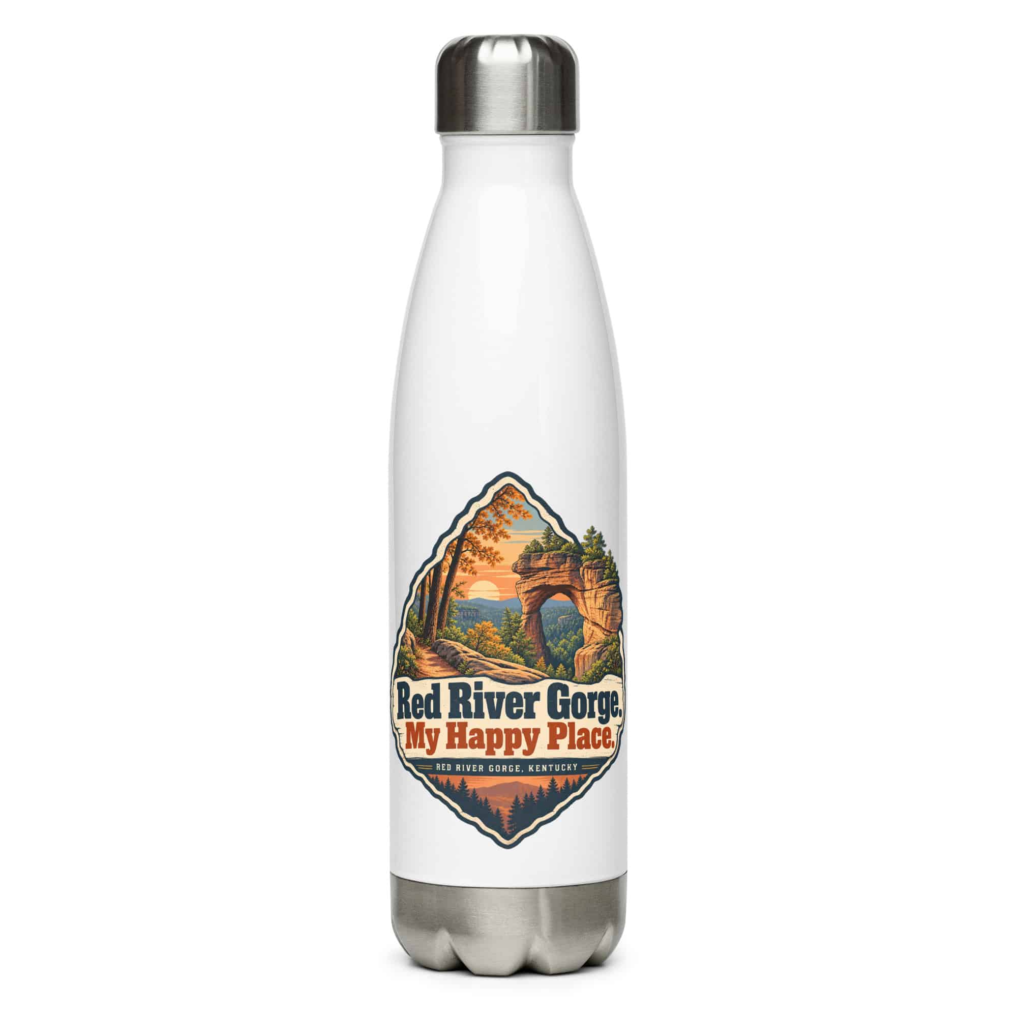 Red River Gorge Stainless Steel Water Bottle: Red River Gorge. My Happy Place, Scenic Shield Badge
