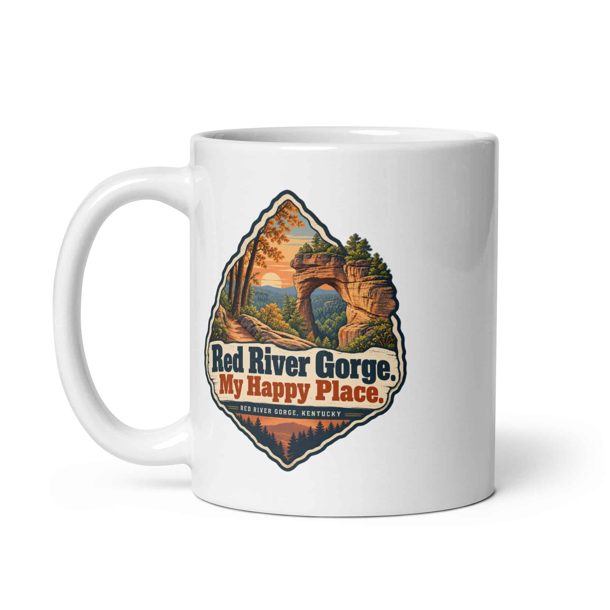 Red River Gorge White Ceramic Coffee Mug: Red River Gorge. My Happy Place, Scenic Shield Badge