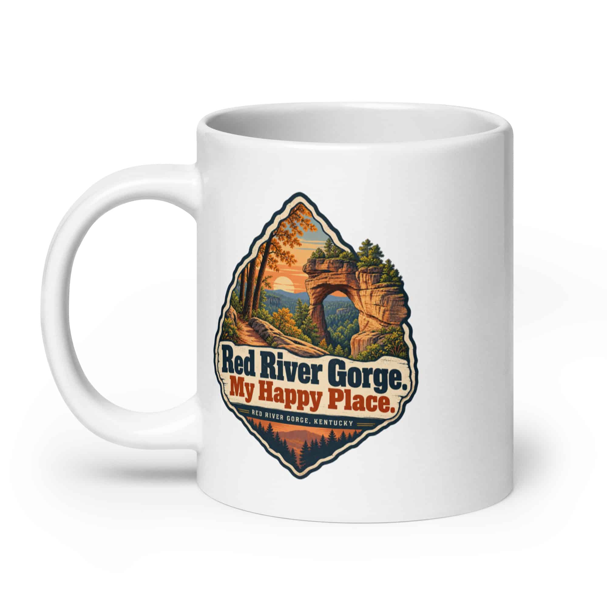 Red River Gorge White Ceramic Coffee Mug: Red River Gorge. My Happy Place, Scenic Shield Badge