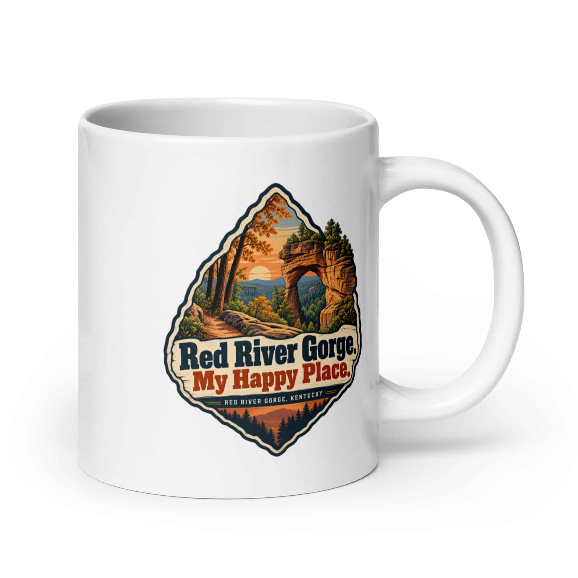 Red River Gorge White Ceramic Coffee Mug: Red River Gorge. My Happy Place, Scenic Shield Badge