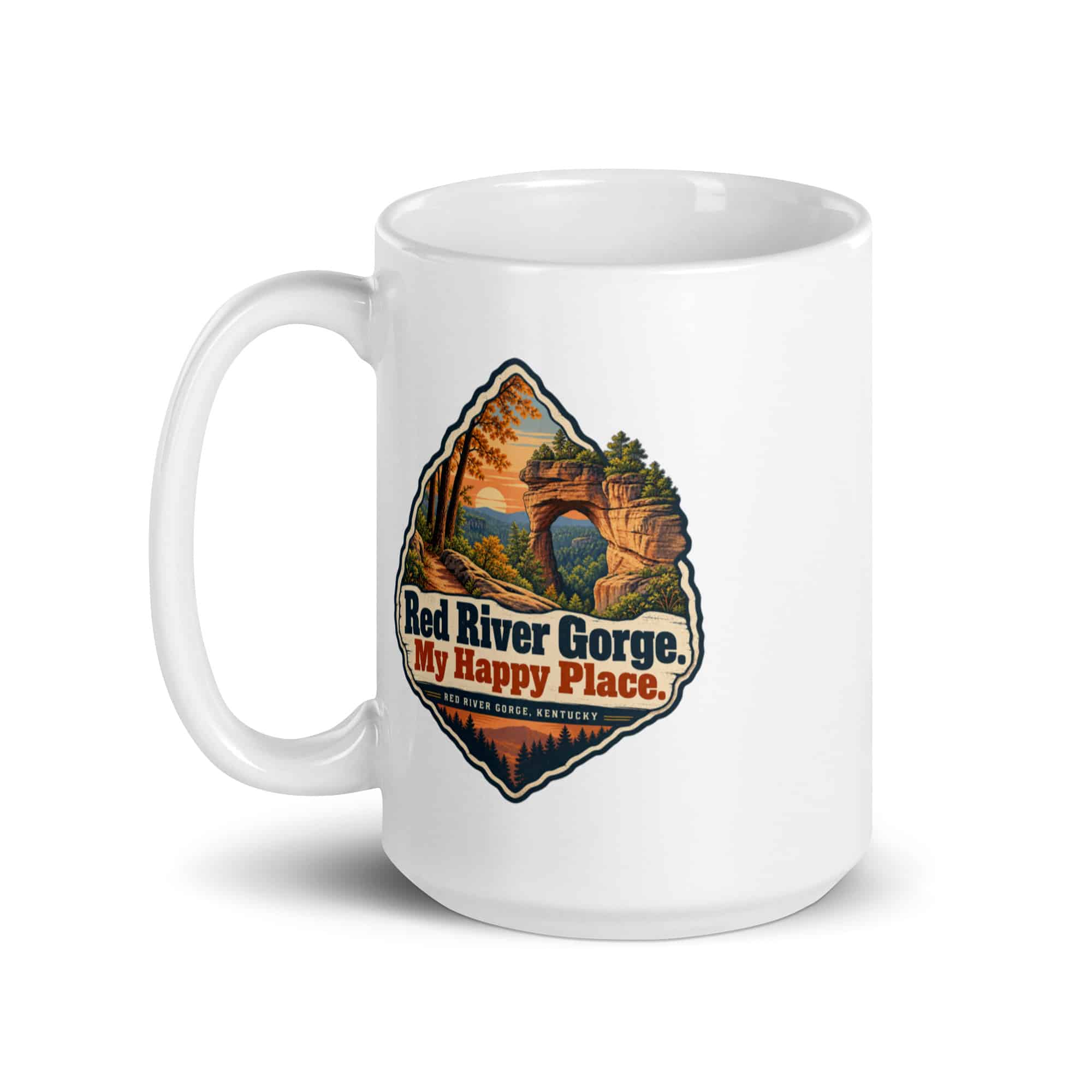 Red River Gorge White Ceramic Coffee Mug: Red River Gorge. My Happy Place, Scenic Shield Badge