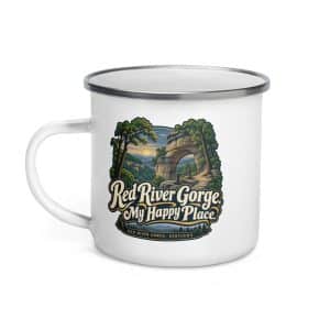 Red River Gorge Enamel Camp Mug: Red River Gorge. My Happy Place, Woodland Scenic Lettering - 12 oz - Left