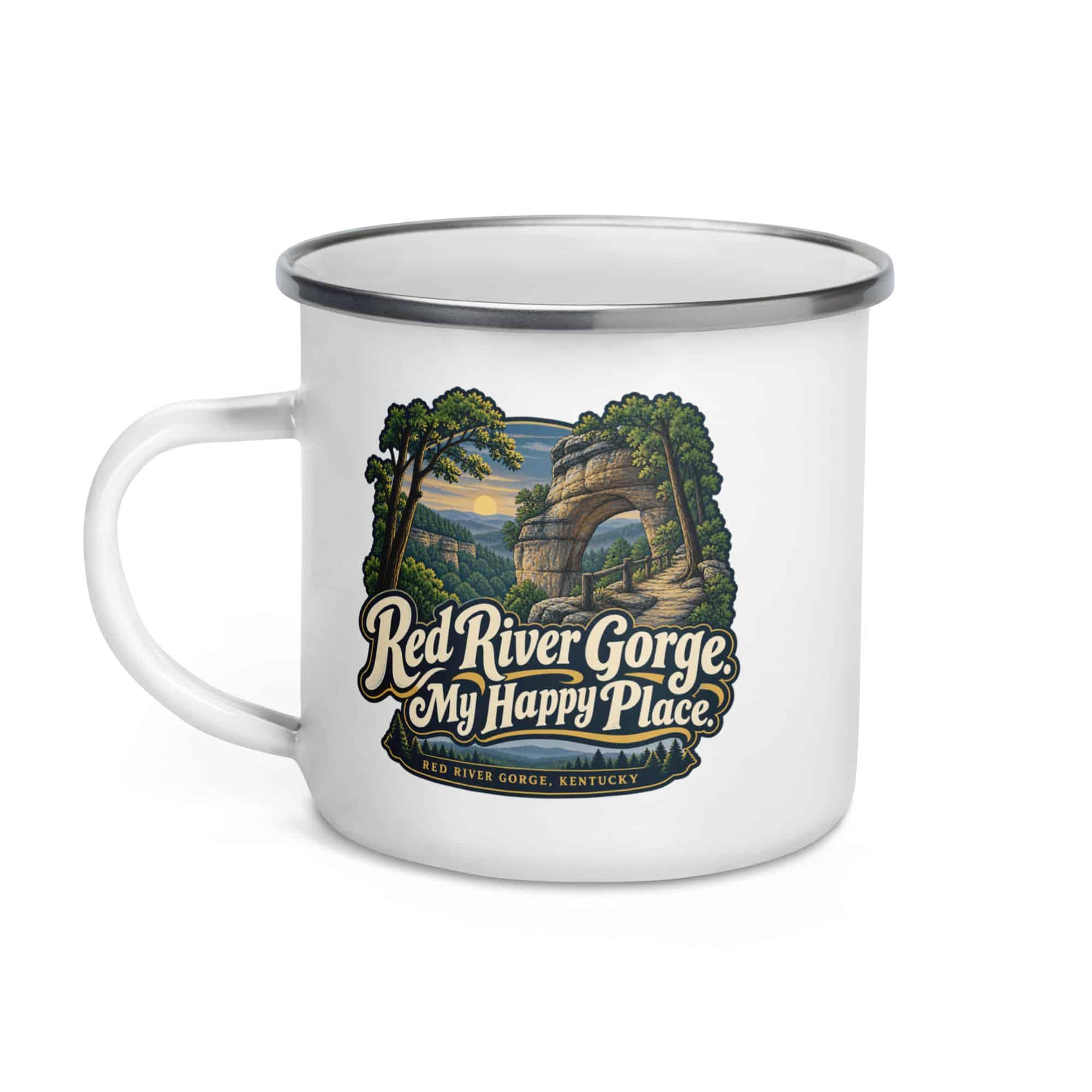 Red River Gorge Enamel Camp Mug: Red River Gorge. My Happy Place, Woodland Scenic Lettering