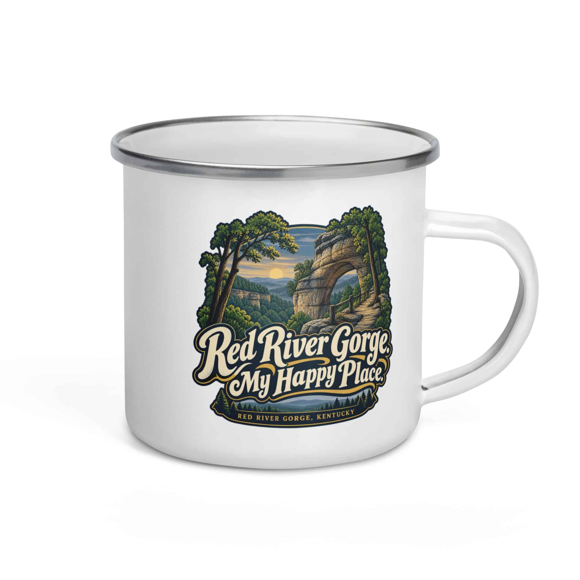 Red River Gorge Enamel Camp Mug: Red River Gorge. My Happy Place, Woodland Scenic Lettering