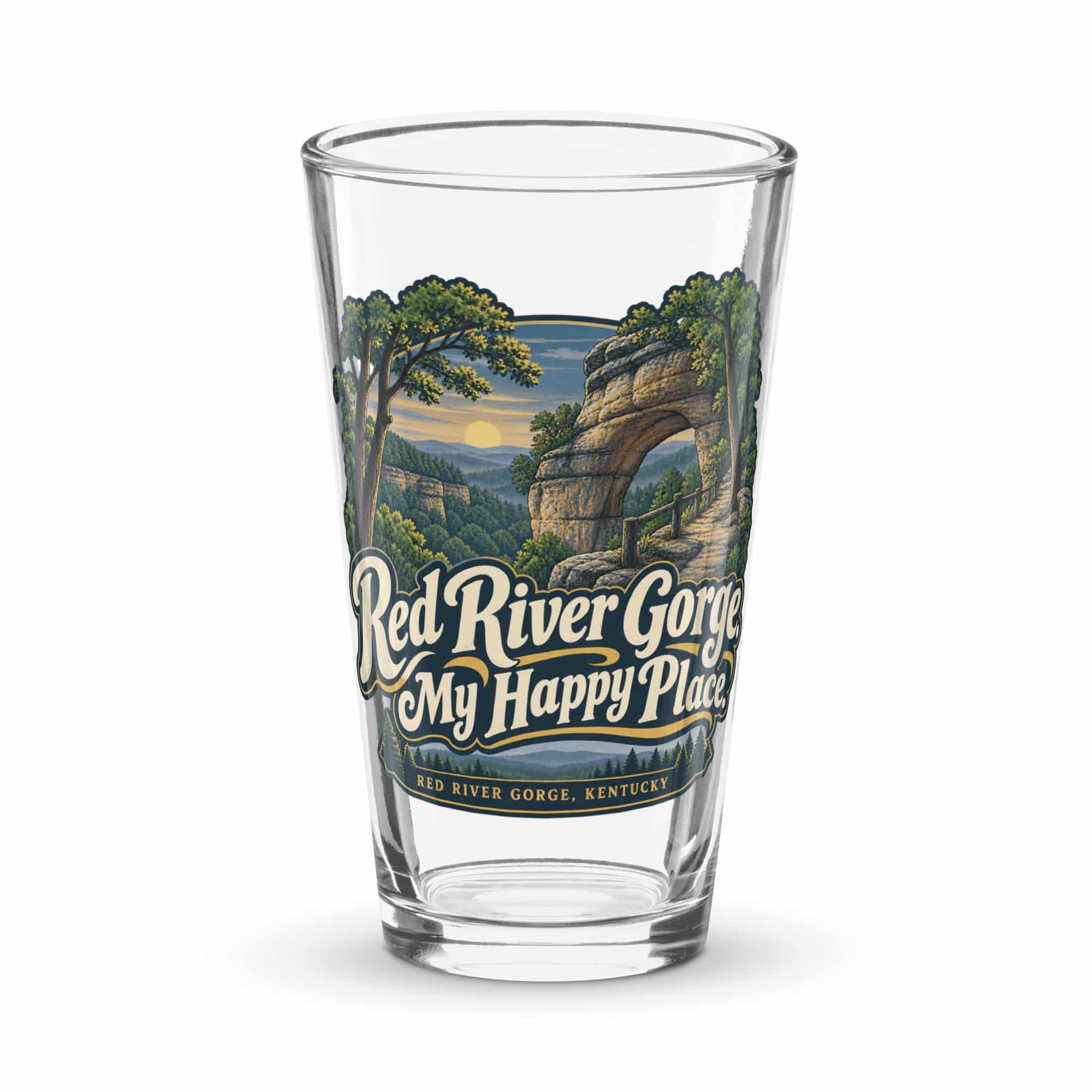 Red River Gorge Pint Glass: Red River Gorge. My Happy Place, Woodland Scenic Lettering