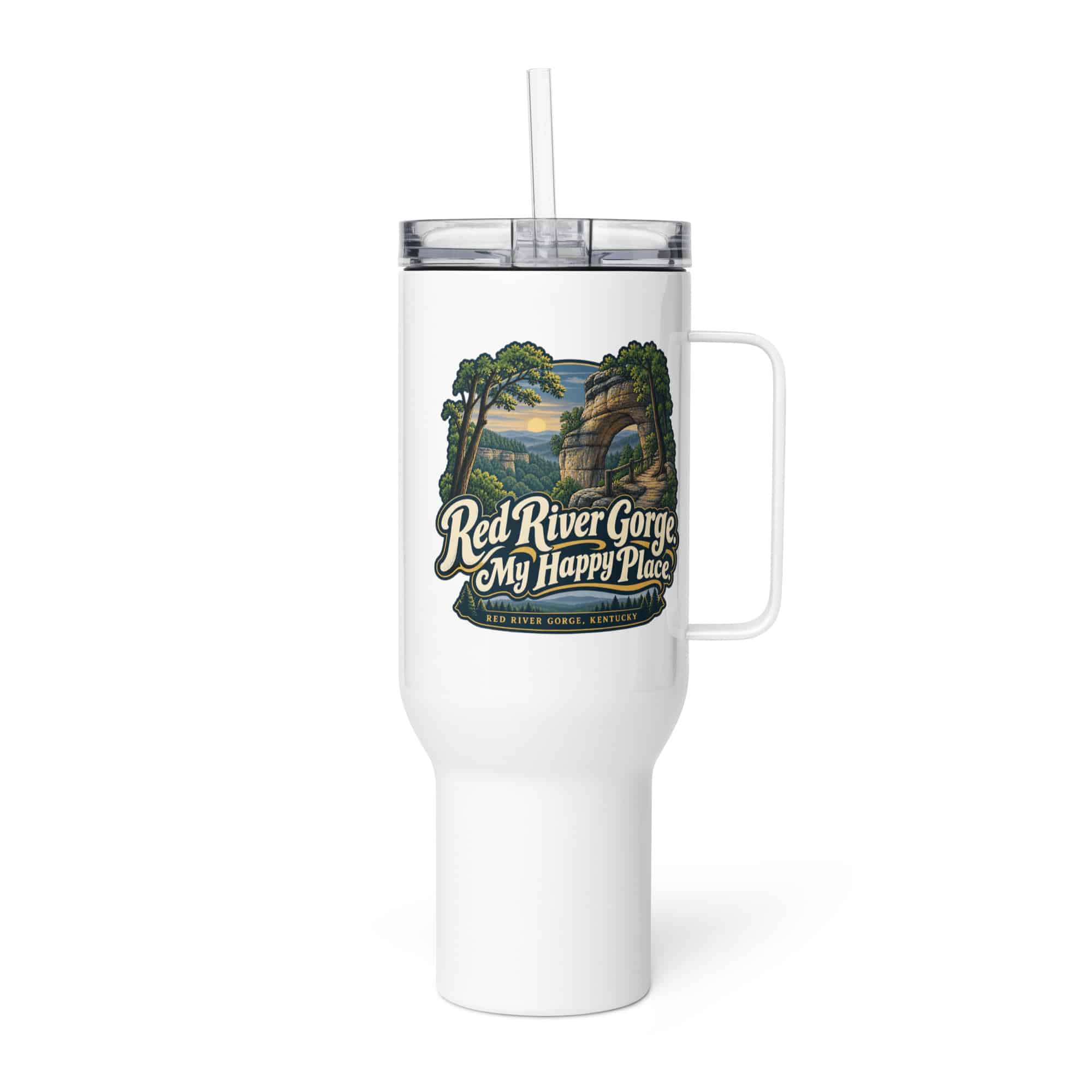 Red River Gorge Travel Mug: Red River Gorge. My Happy Place, Woodland Scenic Lettering