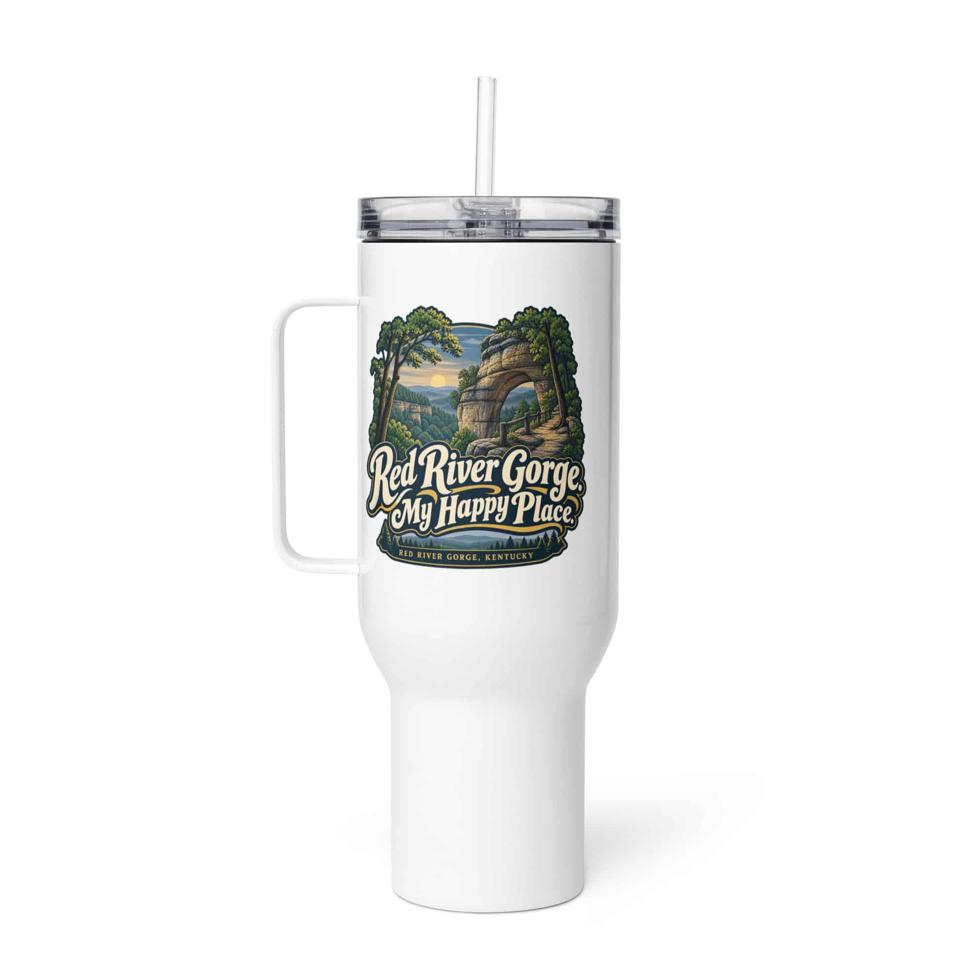 Red River Gorge Travel Mug: Red River Gorge. My Happy Place, Woodland Scenic Lettering