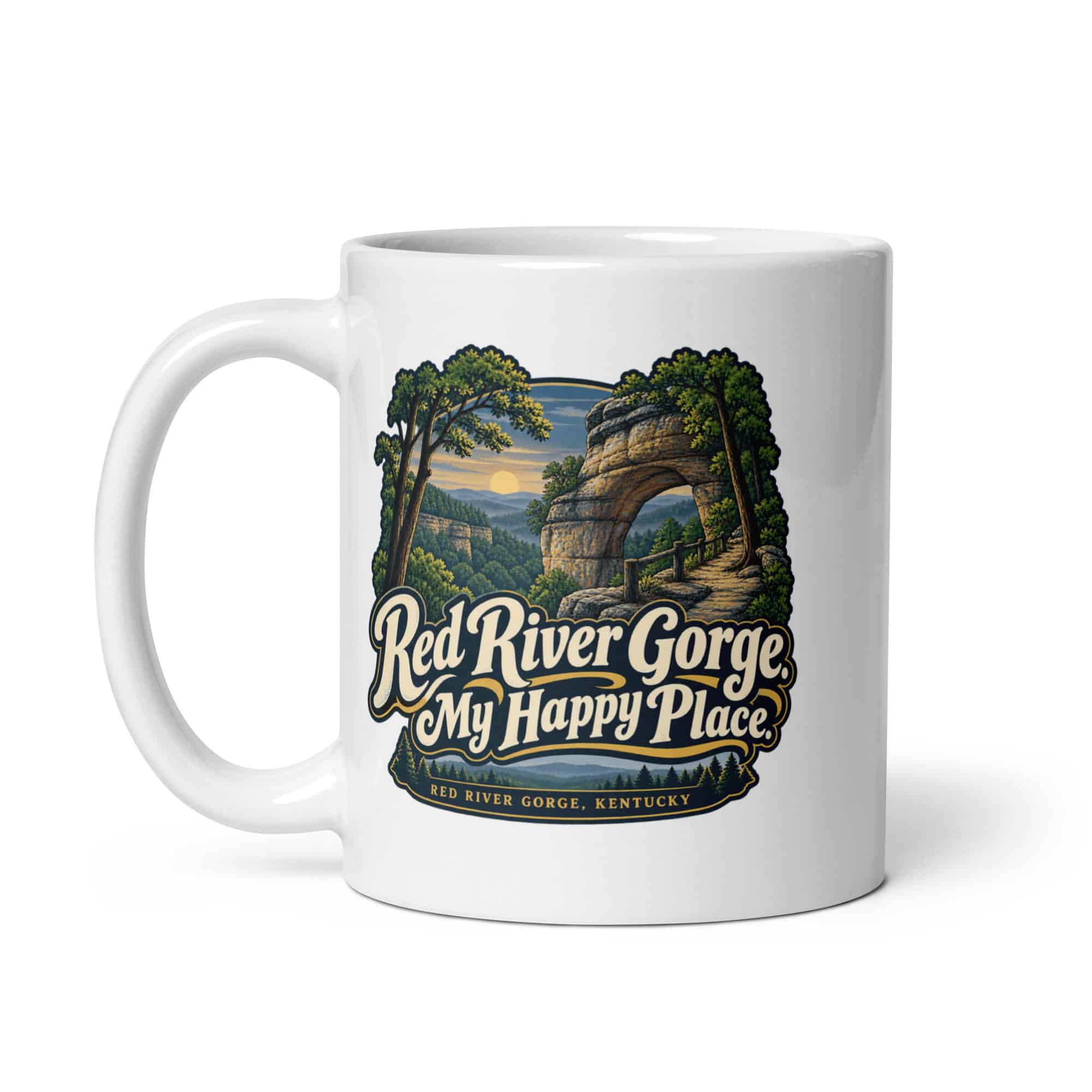 Red River Gorge White Ceramic Coffee Mug: Red River Gorge. My Happy Place, Woodland Scenic Lettering