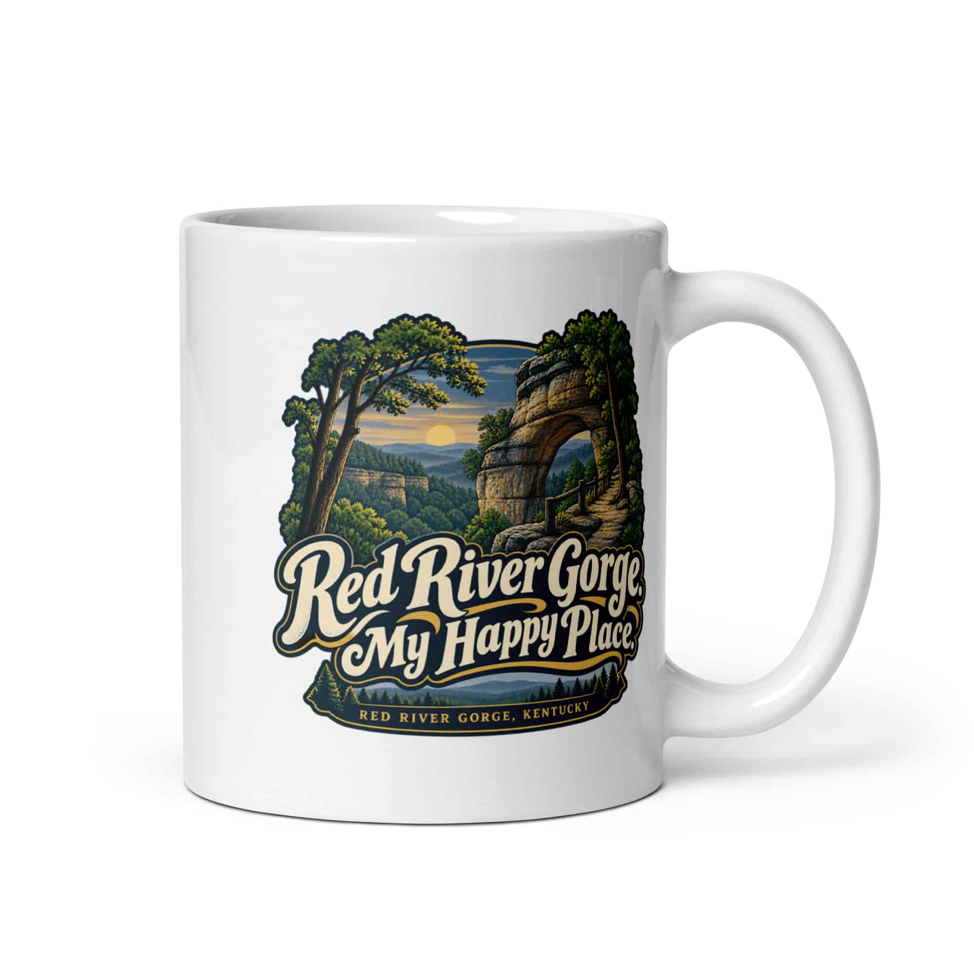 Red River Gorge White Ceramic Coffee Mug: Red River Gorge. My Happy Place, Woodland Scenic Lettering