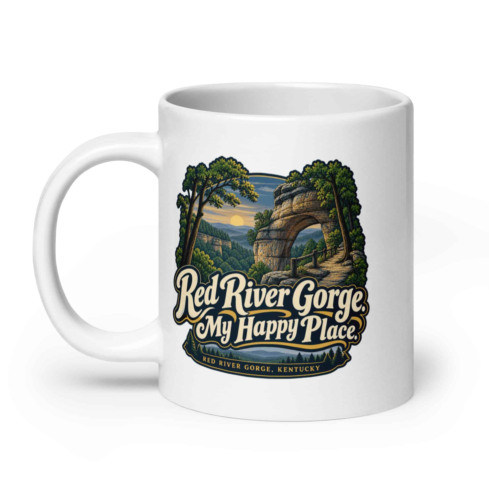 Red River Gorge White Ceramic Coffee Mug: Red River Gorge. My Happy Place, Woodland Scenic Lettering