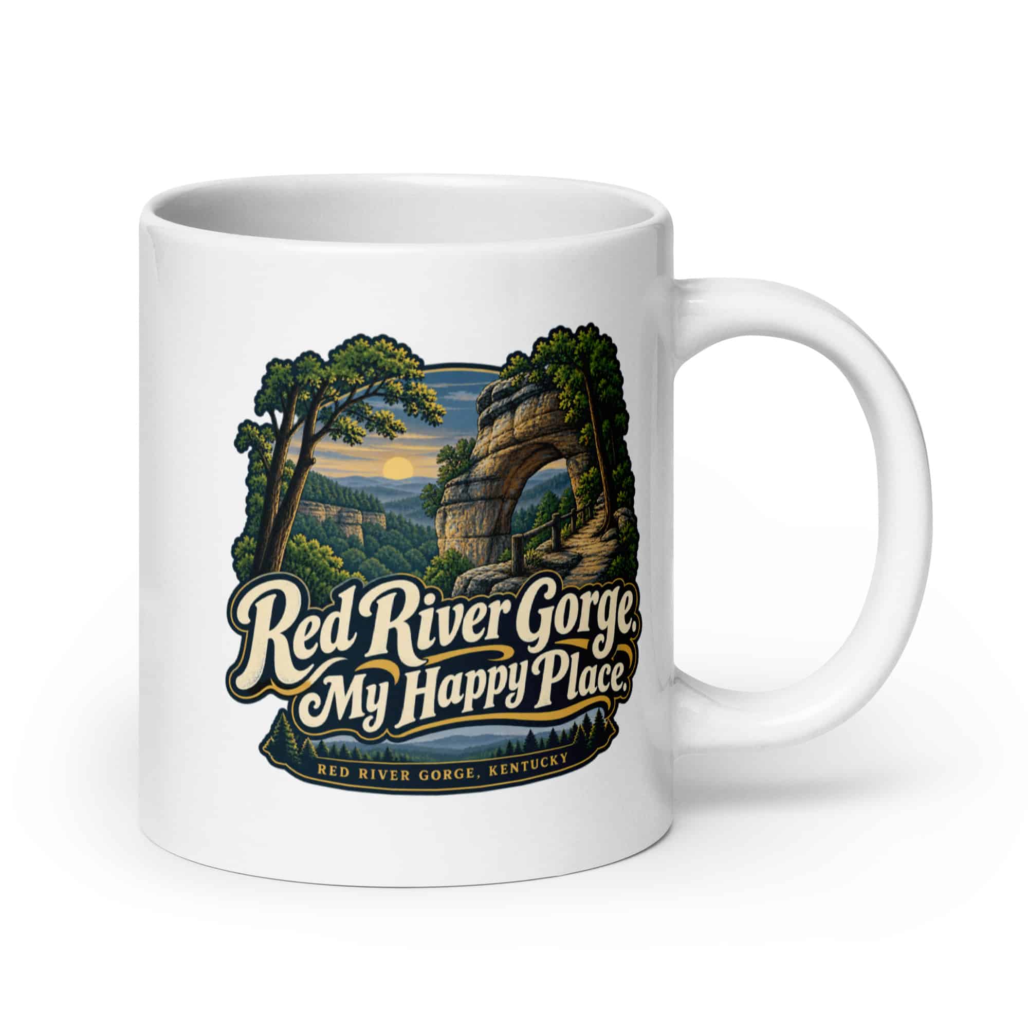 Red River Gorge White Ceramic Coffee Mug: Red River Gorge. My Happy Place, Woodland Scenic Lettering