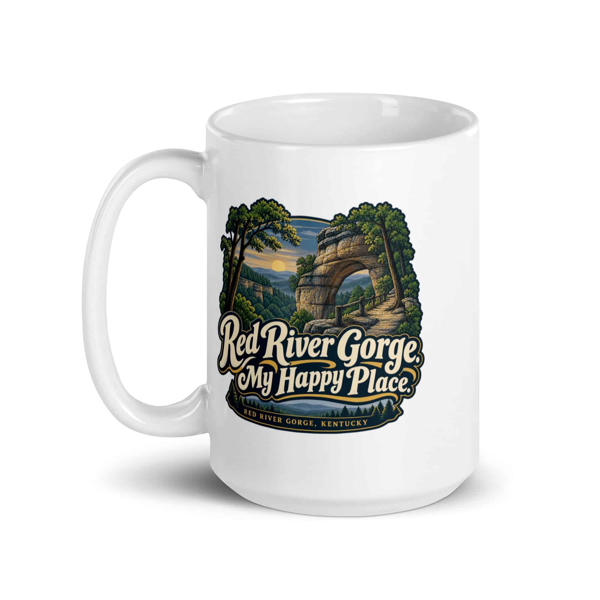 Red River Gorge White Ceramic Coffee Mug: Red River Gorge. My Happy Place, Woodland Scenic Lettering
