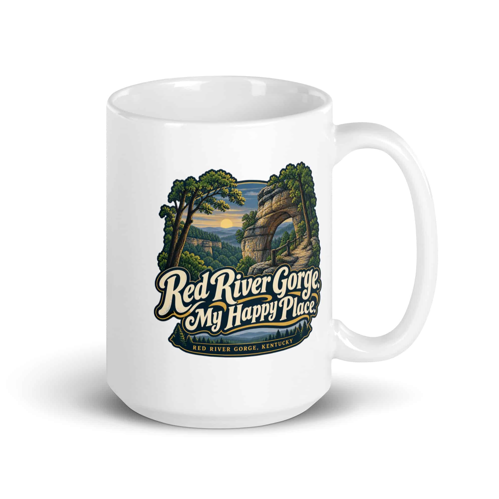 Red River Gorge White Ceramic Coffee Mug: Red River Gorge. My Happy Place, Woodland Scenic Lettering
