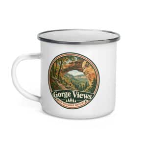 Red River Gorge Enamel Camp Mug: Gorge Views, Vintage Round Badge - 12 oz - Left